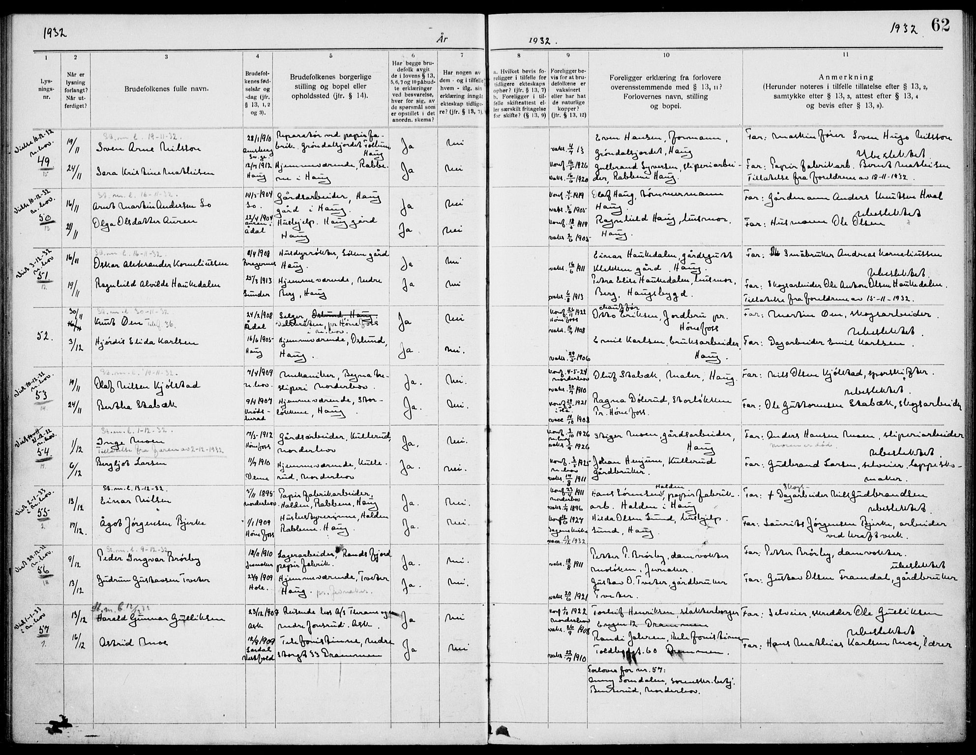 Norderhov kirkebøker, AV/SAKO-A-237/H/Ha/L0004: Lysningsprotokoll nr. 4, 1920-1938, s. 62