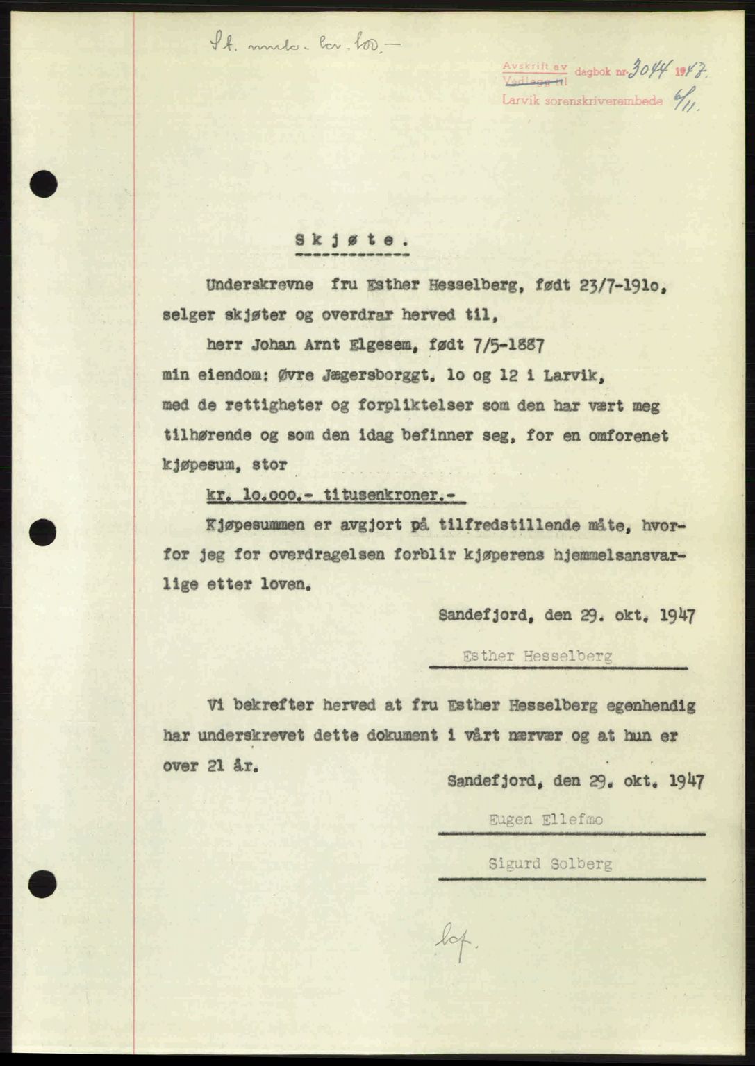 Larvik sorenskriveri, SAKO/A-83/G/Ga/Gab/L0085: Pantebok nr. A-19, 1947-1948, Dagboknr: 3044/1947
