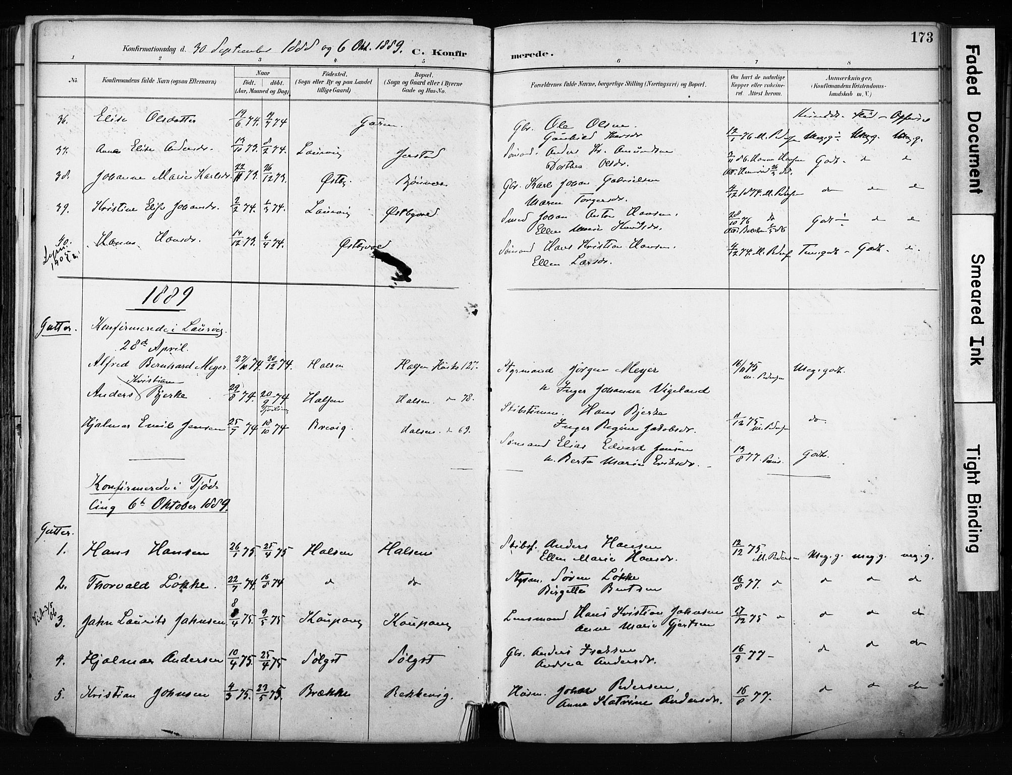 Tjølling kirkebøker, AV/SAKO-A-60/F/Fa/L0009: Ministerialbok nr. 9, 1887-1905, s. 173