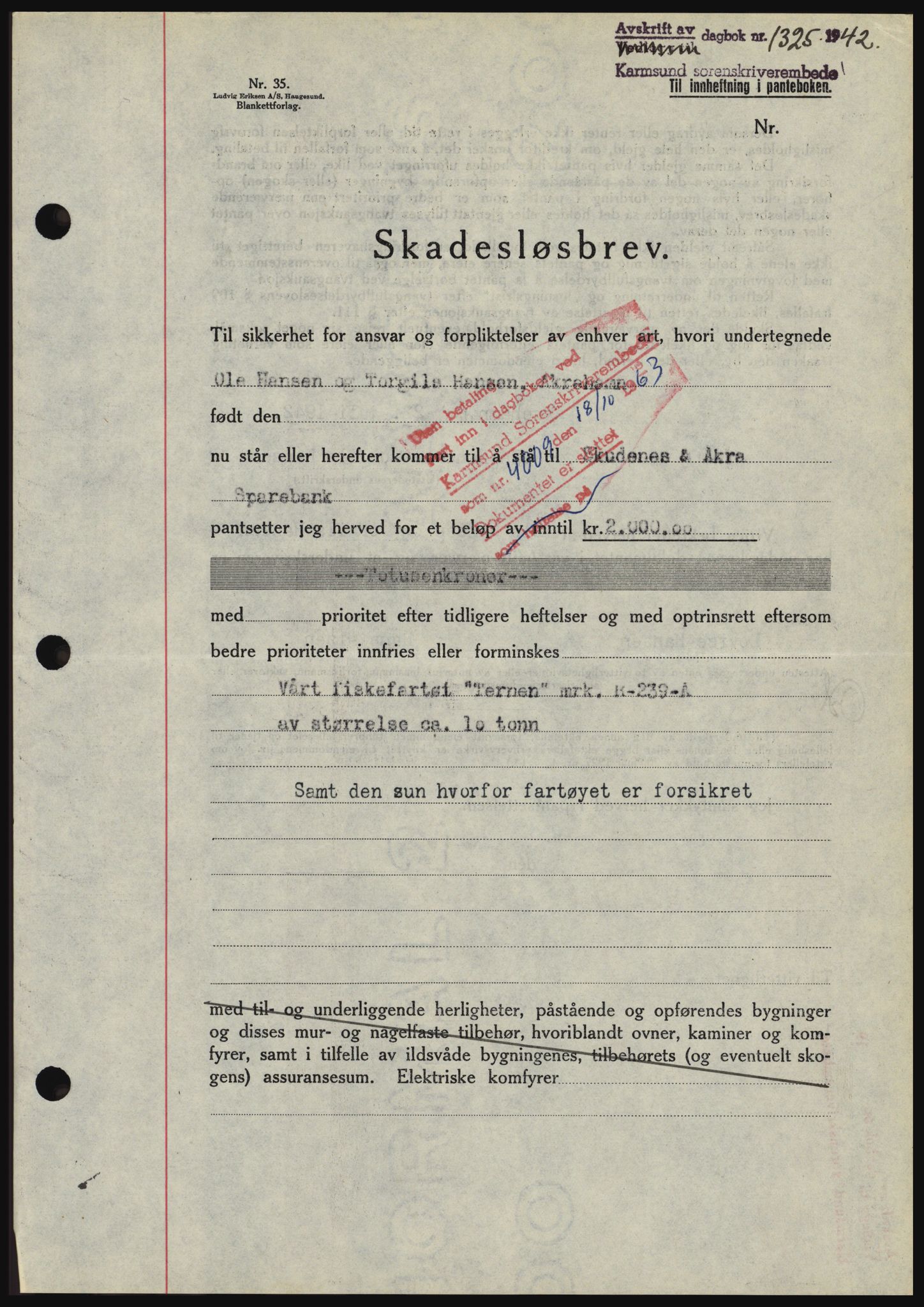 Karmsund sorenskriveri, SAST/A-100311/01/II/IIBBE/L0008: Pantebok nr. B 54, 1942-1943, Dagboknr: 1325/1942