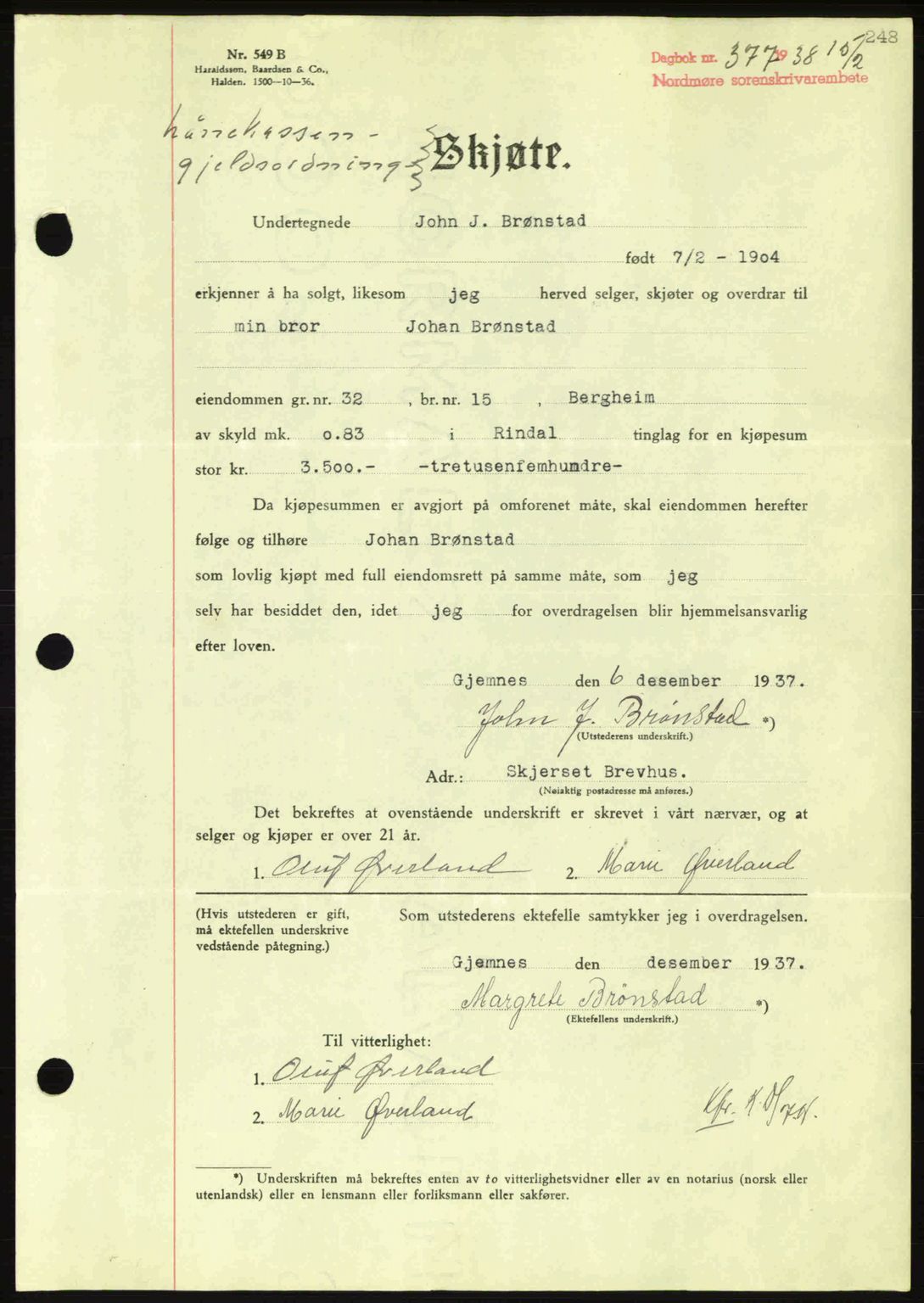 Nordmøre sorenskriveri, SAT/A-4132/1/2/2Ca: Pantebok nr. A83, 1938-1938, Dagboknr: 377/1938