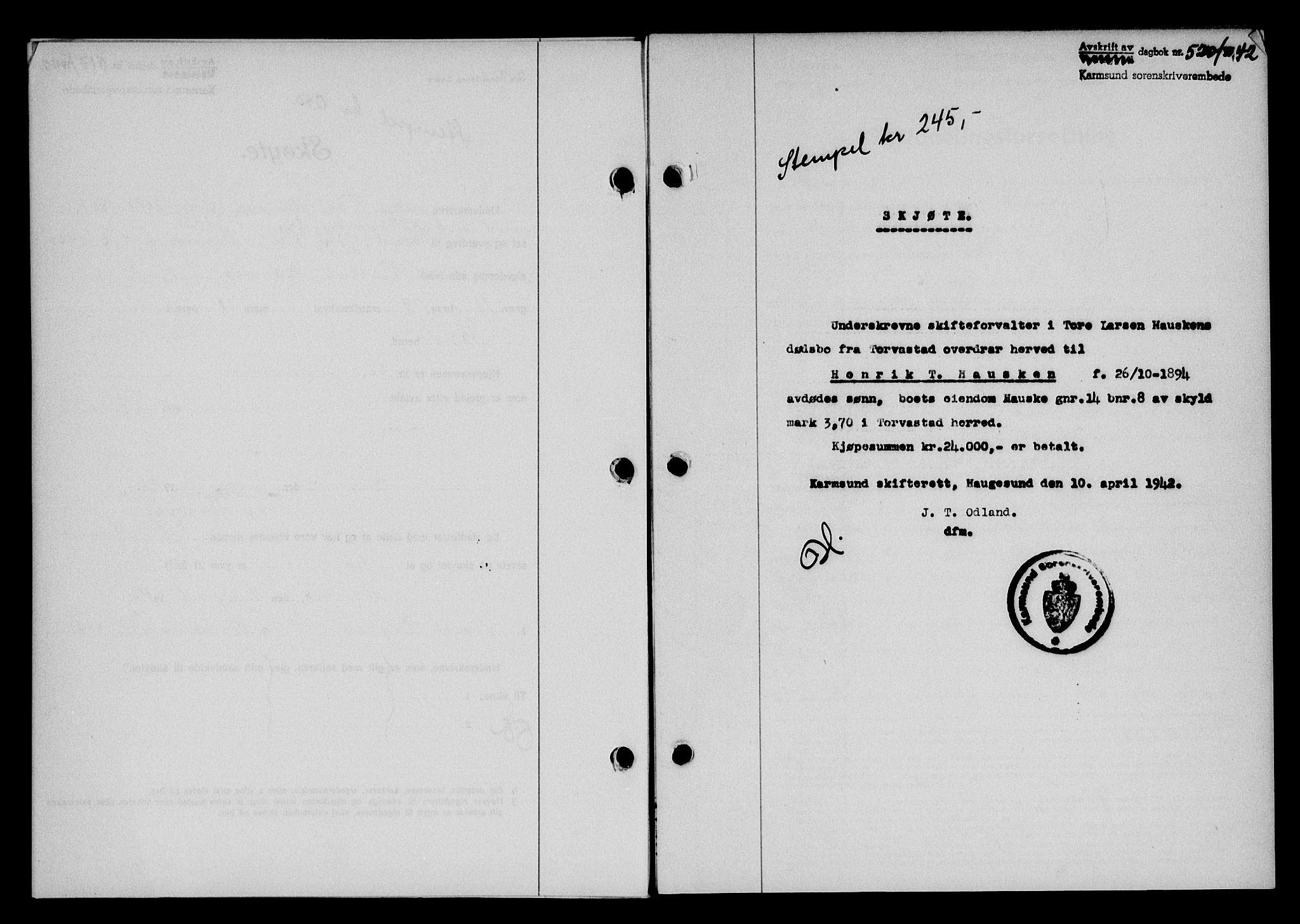 Karmsund sorenskriveri, SAST/A-100311/01/II/IIB/L0077: Pantebok nr. 58A, 1942-1942, Dagboknr: 520/1942
