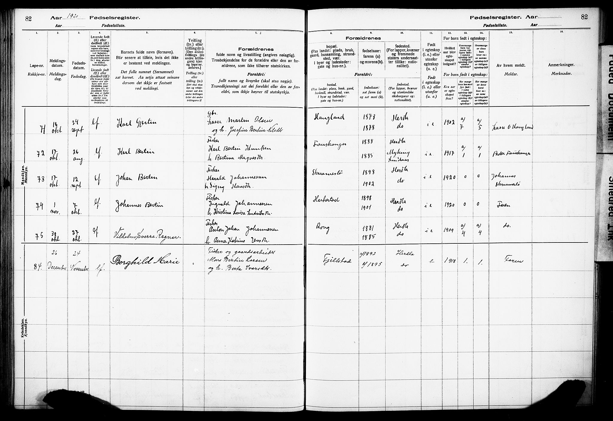 Herdla Sokneprestembete, AV/SAB-A-75701/I/Id/L00A1: Fødselsregister nr. A 1, 1916-1929, s. 82