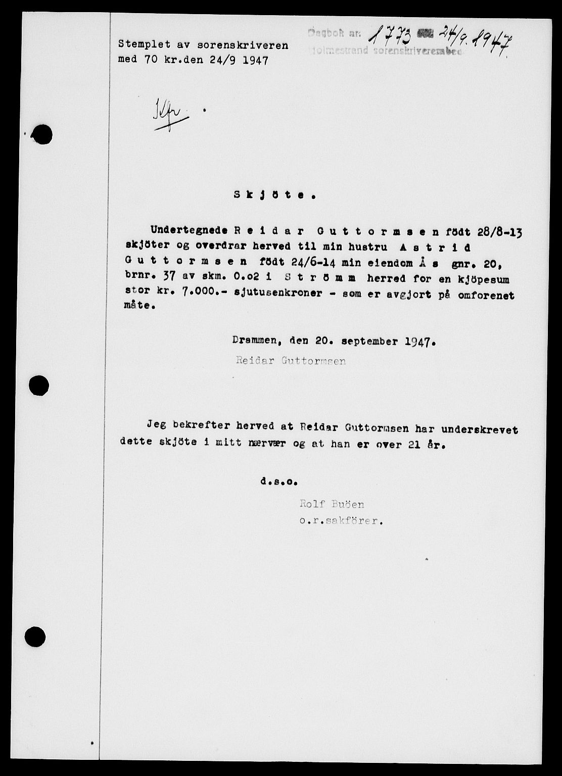 Holmestrand sorenskriveri, SAKO/A-67/G/Ga/Gaa/L0062: Pantebok nr. A-62, 1947-1947, Dagboknr: 1773/1947