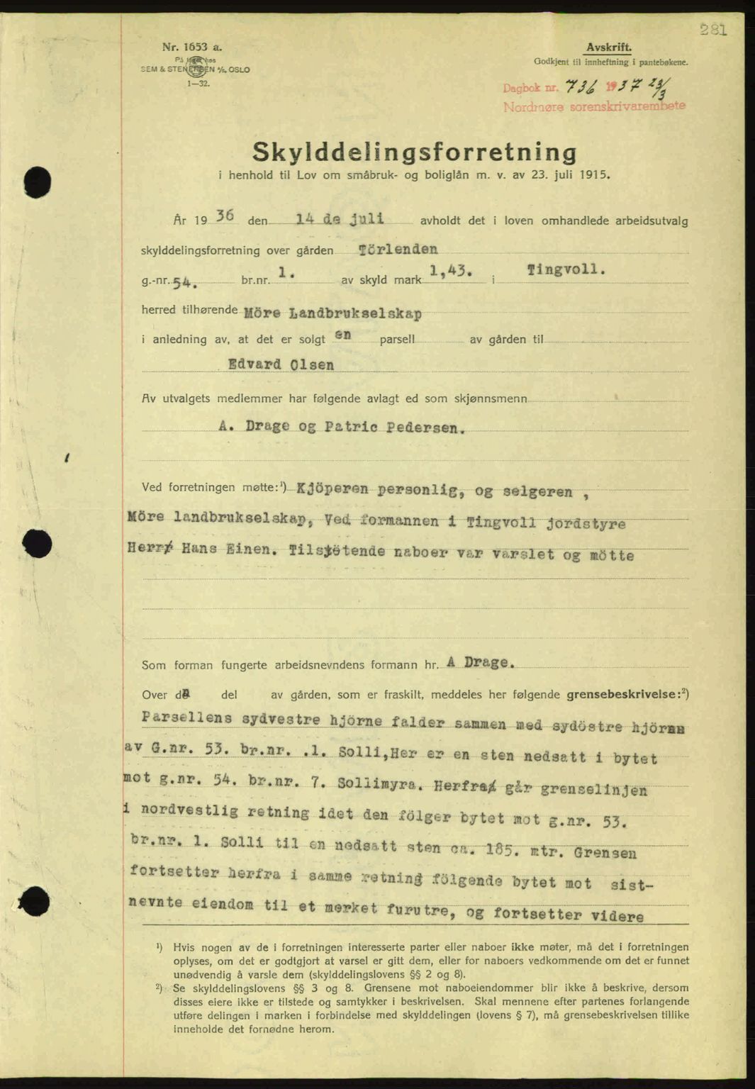 Nordmøre sorenskriveri, SAT/A-4132/1/2/2Ca: Pantebok nr. A81, 1937-1937, Dagboknr: 736/1937