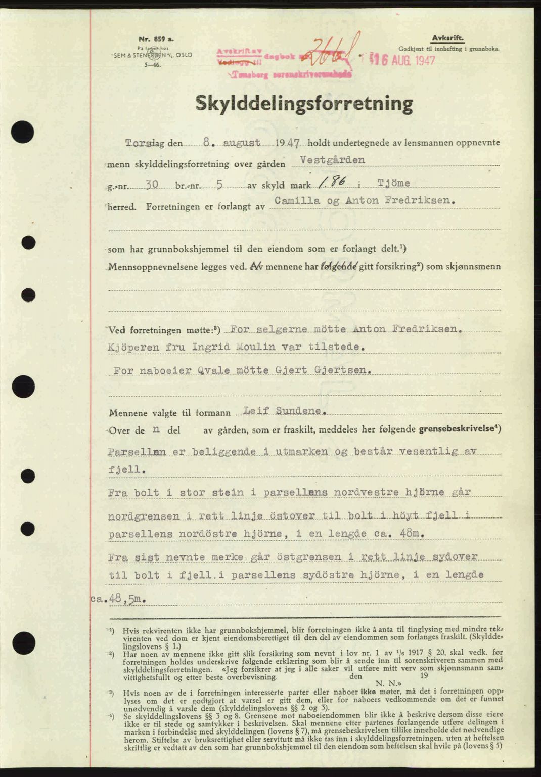 Tønsberg sorenskriveri, SAKO/A-130/G/Ga/Gaa/L0022: Pantebok nr. A22, 1947-1947, Dagboknr: 2661/1947