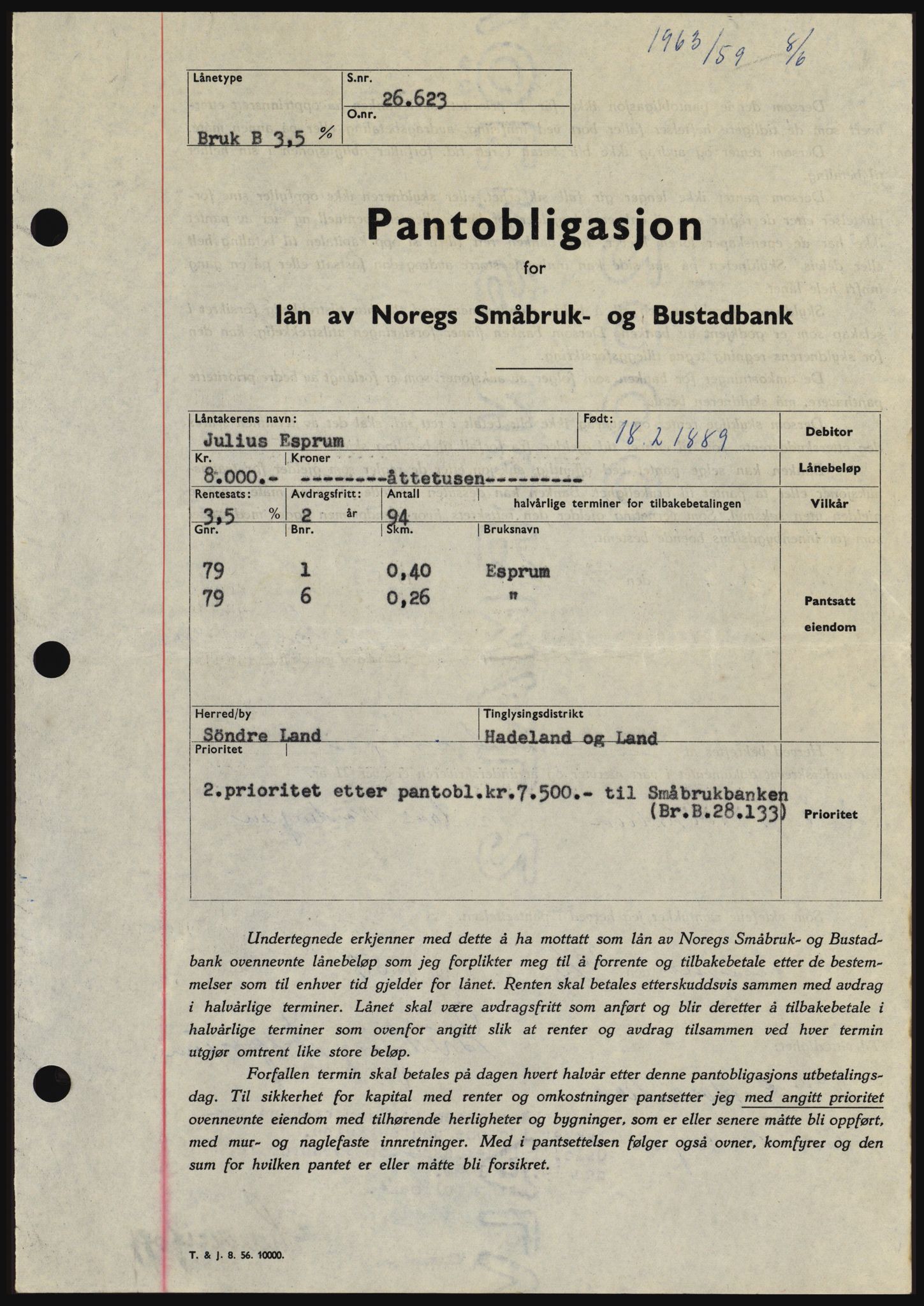 Hadeland og Land tingrett, SAH/TING-010/H/Hb/Hbc/L0040: Pantebok nr. B40, 1959-1959, Dagboknr: 1963/1959