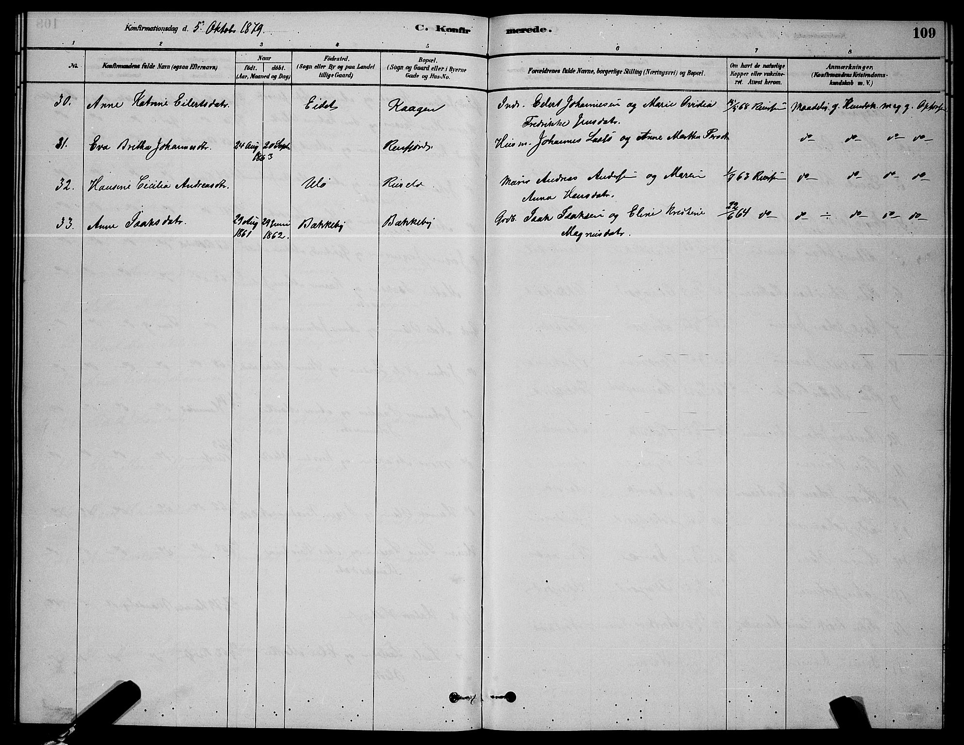 Skjervøy sokneprestkontor, AV/SATØ-S-1300/H/Ha/Hab/L0006klokker: Klokkerbok nr. 6, 1878-1888, s. 109