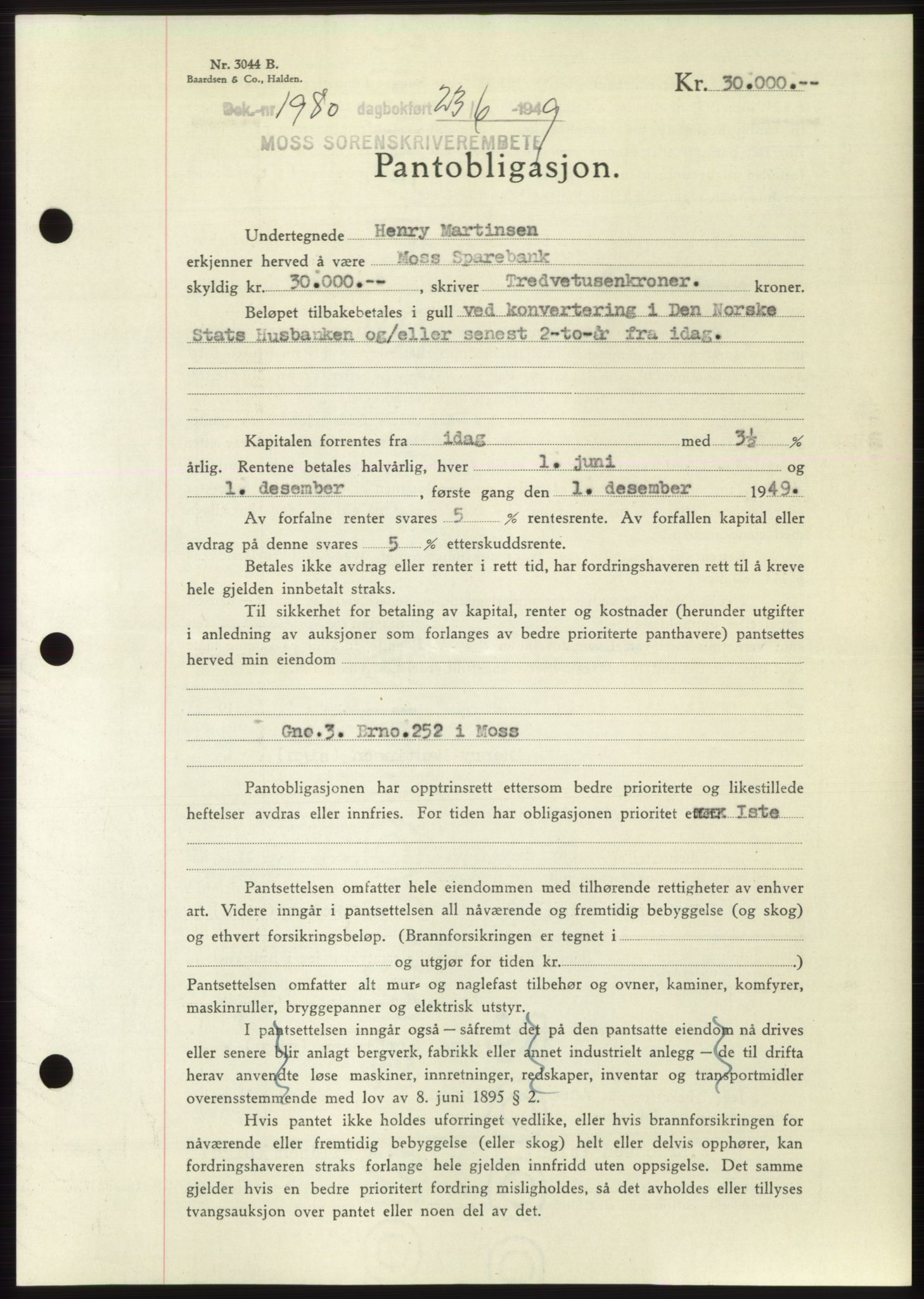 Moss sorenskriveri, SAO/A-10168: Pantebok nr. B22, 1949-1949, Dagboknr: 1980/1949