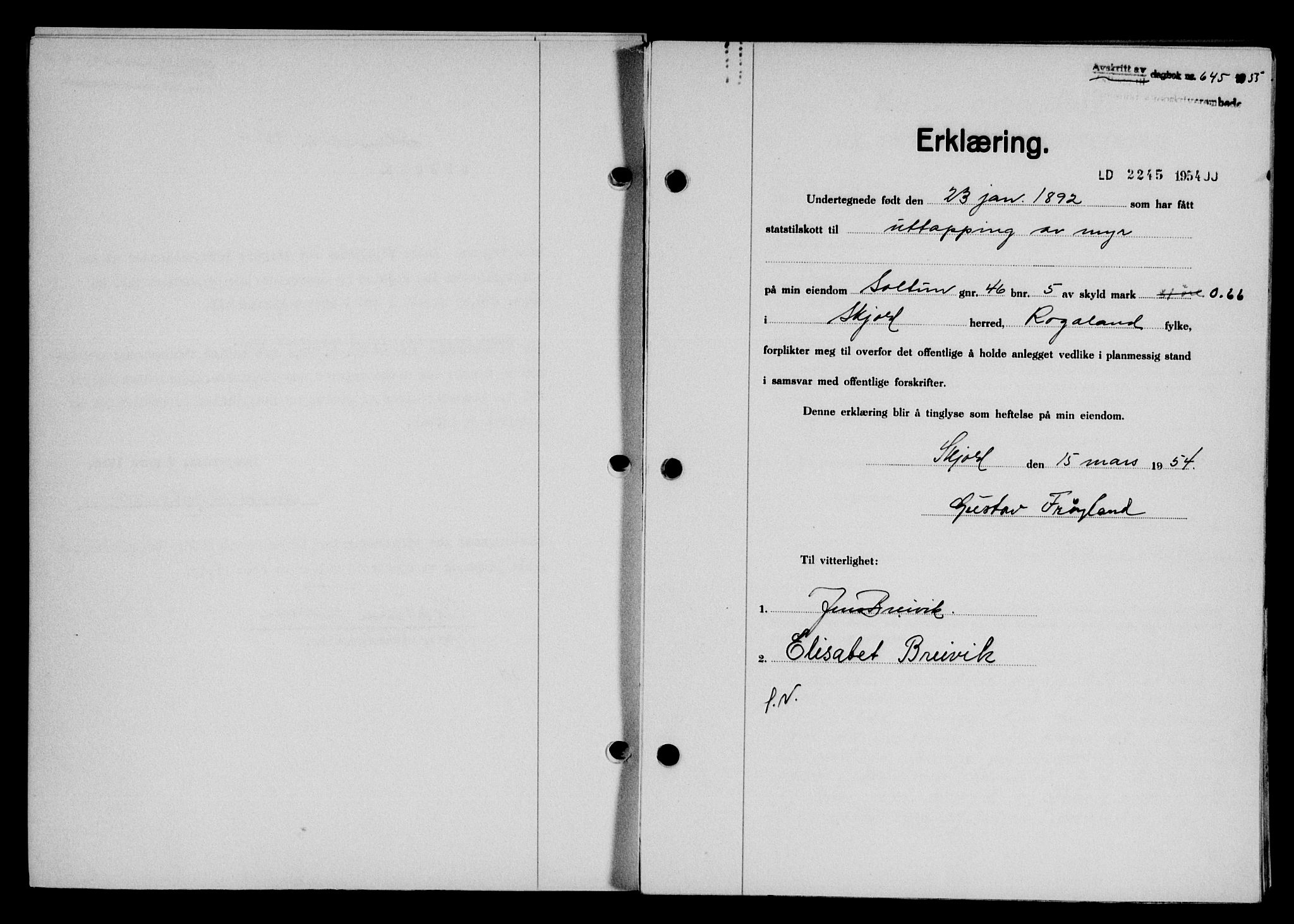 Karmsund sorenskriveri, AV/SAST-A-100311/01/II/IIB/L0115: Pantebok nr. 95A, 1955-1955, Dagboknr: 645/1955