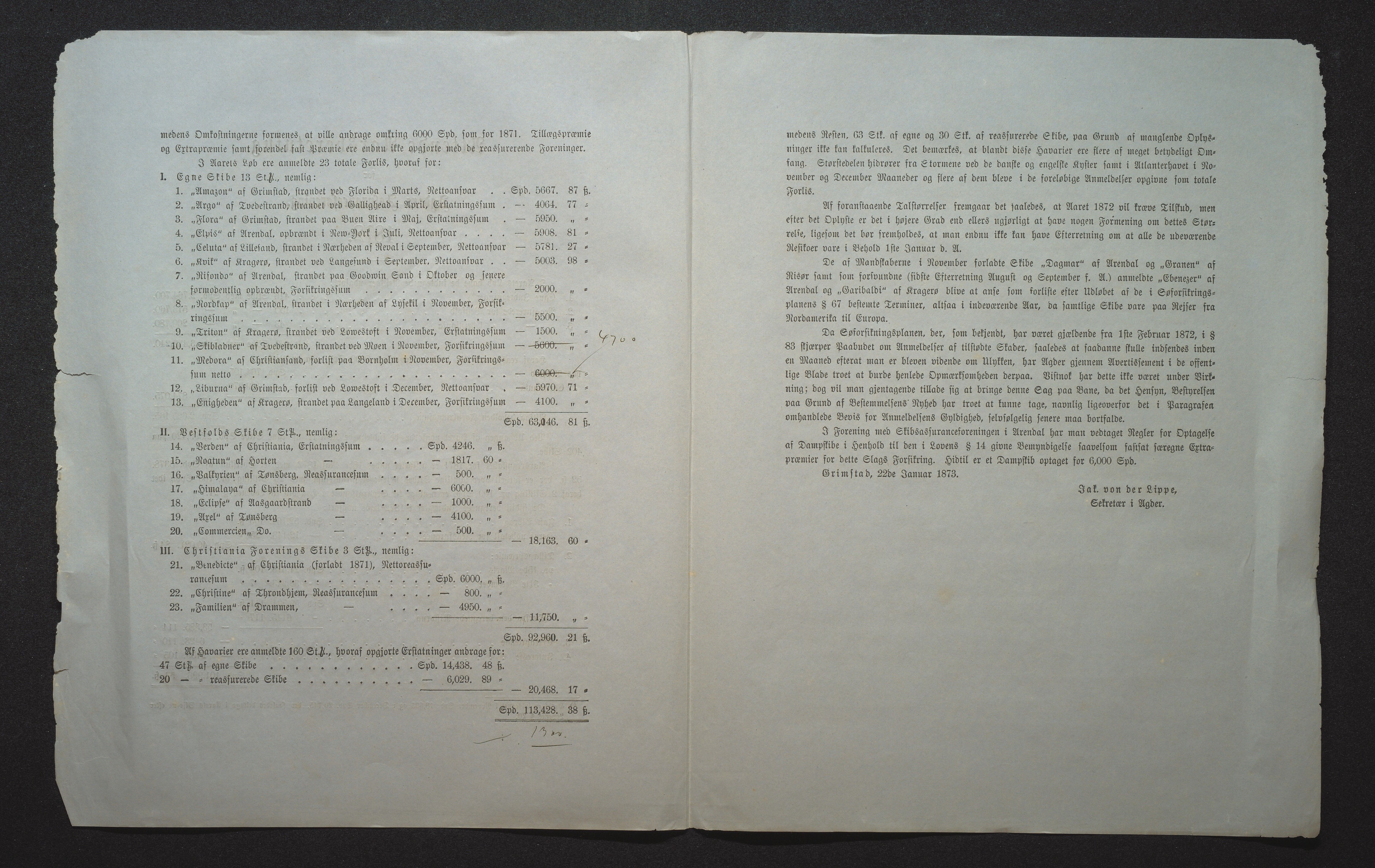 Agders Gjensidige Assuranceforening, AAKS/PA-1718/05/L0001: Regnskap, seilavdeling, pakkesak, 1855-1880