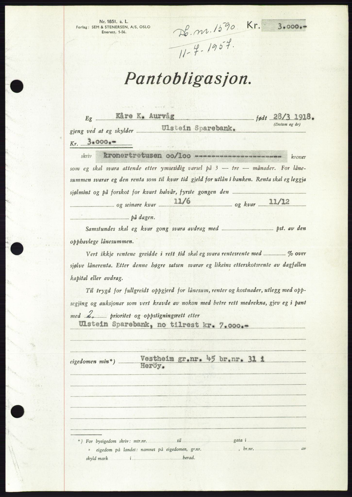 Søre Sunnmøre sorenskriveri, AV/SAT-A-4122/1/2/2C/L0130: Pantebok nr. 18B, 1957-1958, Dagboknr: 1590/1957