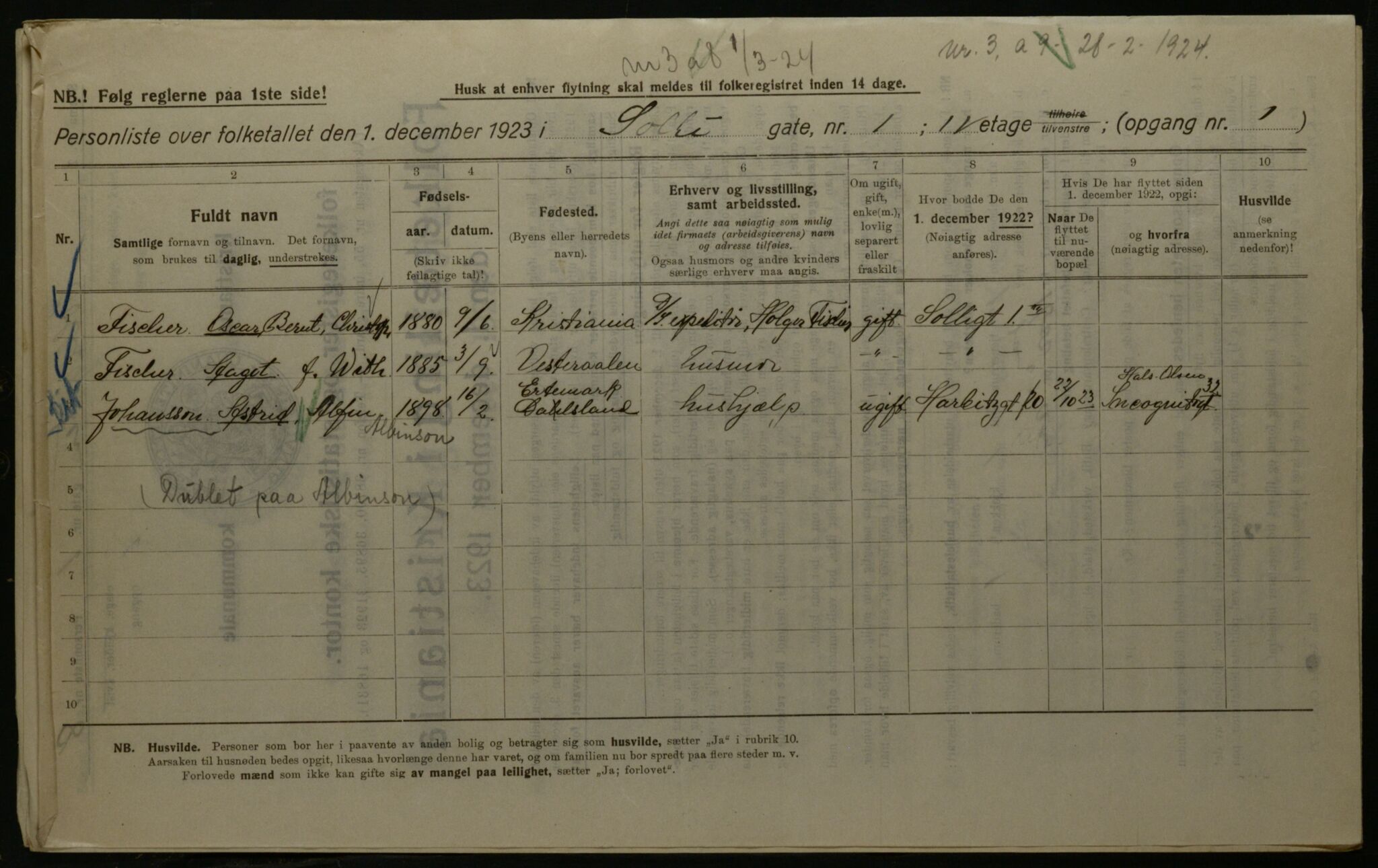 OBA, Kommunal folketelling 1.12.1923 for Kristiania, 1923, s. 109779