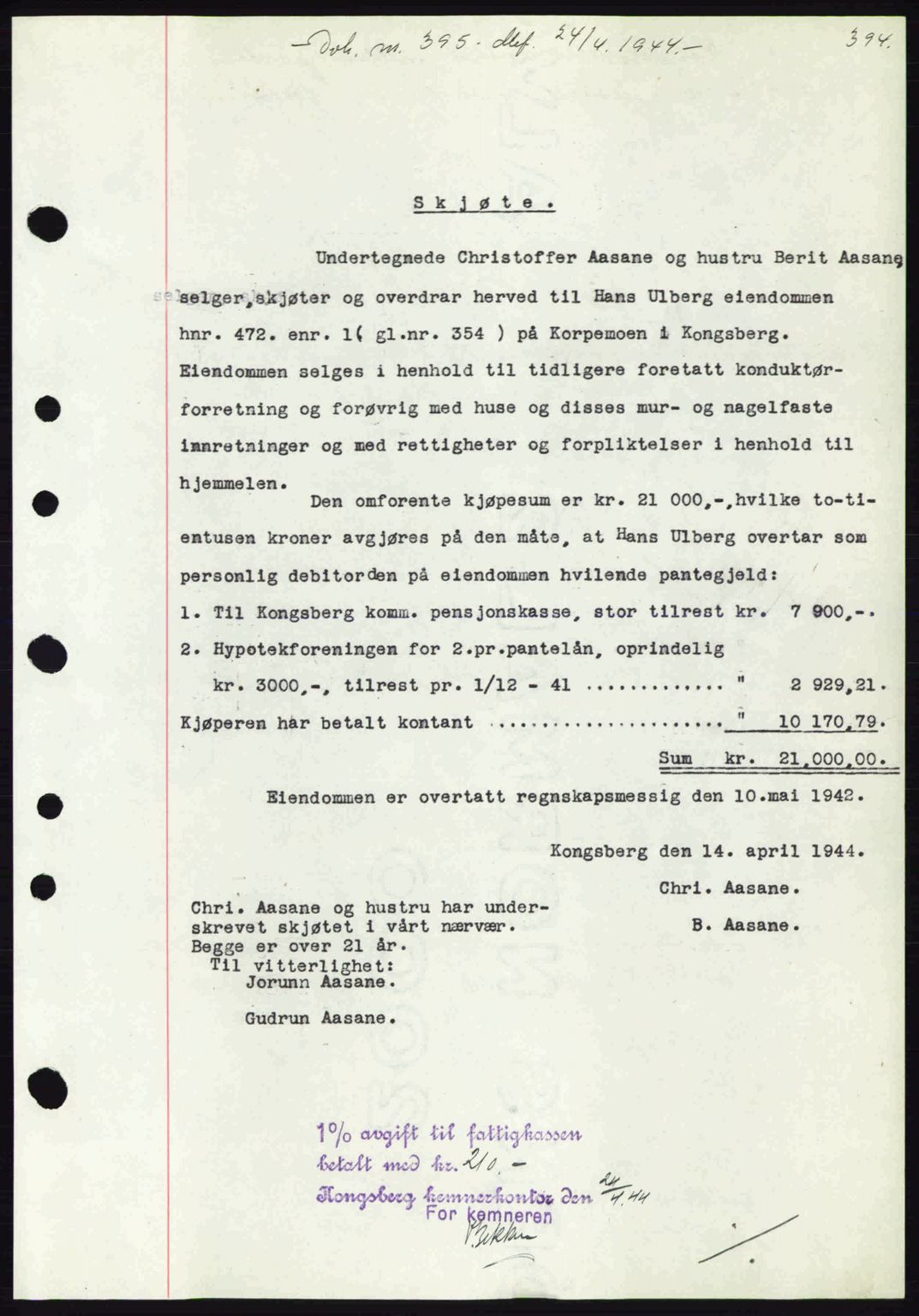 Numedal og Sandsvær sorenskriveri, SAKO/A-128/G/Ga/Gaa/L0055: Pantebok nr. A7, 1943-1944, Dagboknr: 395/1944