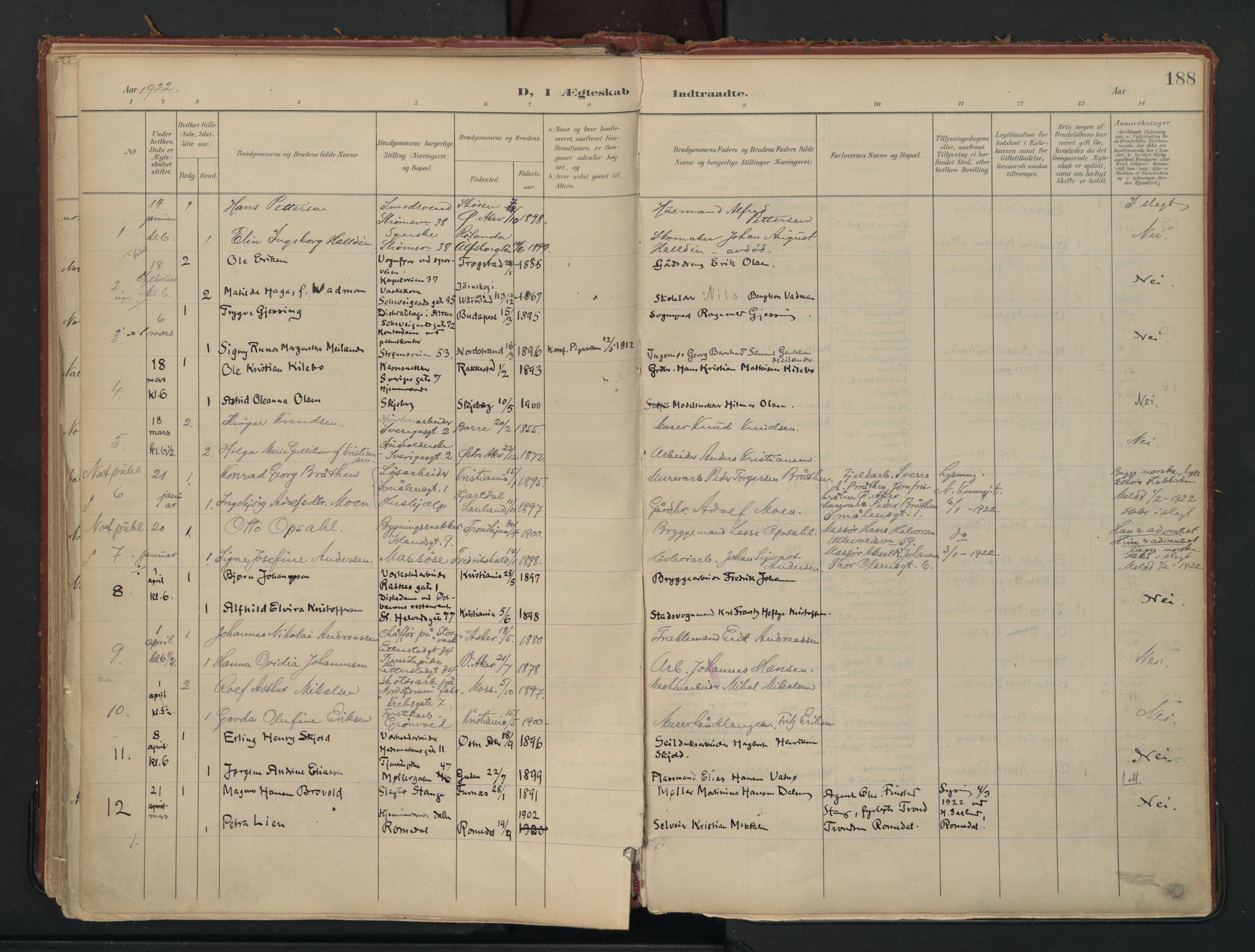 Vålerengen prestekontor Kirkebøker, AV/SAO-A-10878/F/Fa/L0002: Ministerialbok nr. 2, 1899-1924, s. 188
