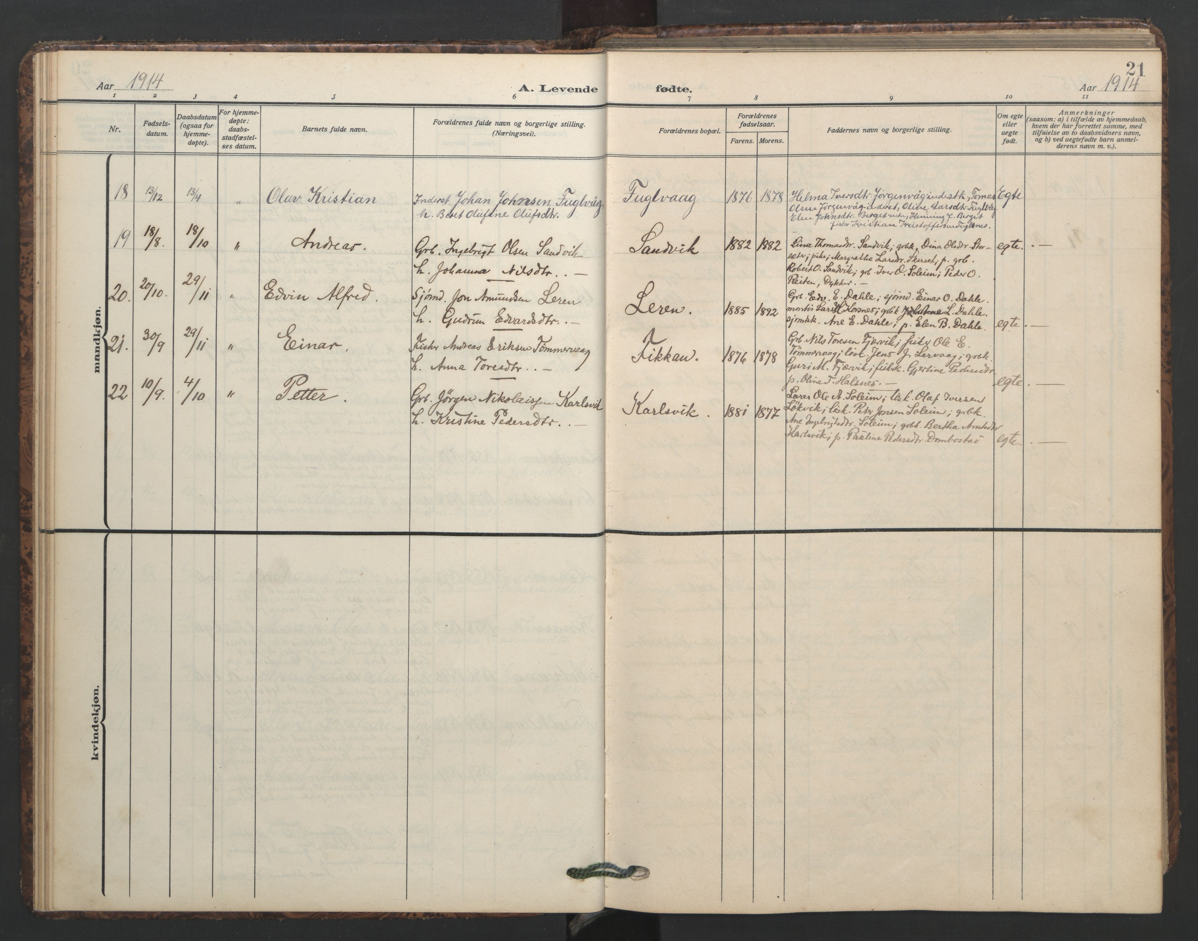 Ministerialprotokoller, klokkerbøker og fødselsregistre - Møre og Romsdal, AV/SAT-A-1454/577/L0897: Klokkerbok nr. 577C01, 1909-1946, s. 21