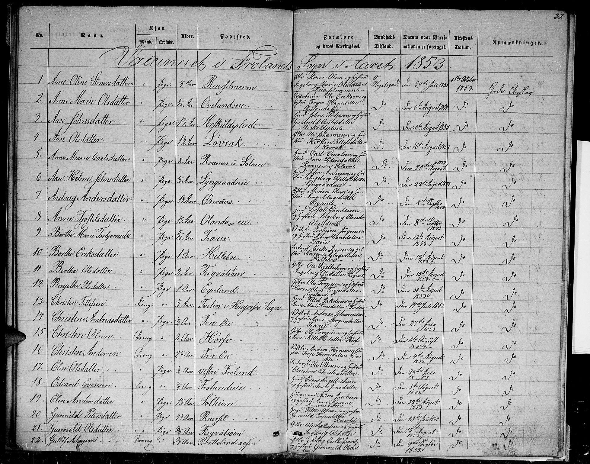 Froland sokneprestkontor, AV/SAK-1111-0013/J/Jc/L0001: Vaksinasjonsprotokoll nr. A VI 8, 1838-1859, s. 32