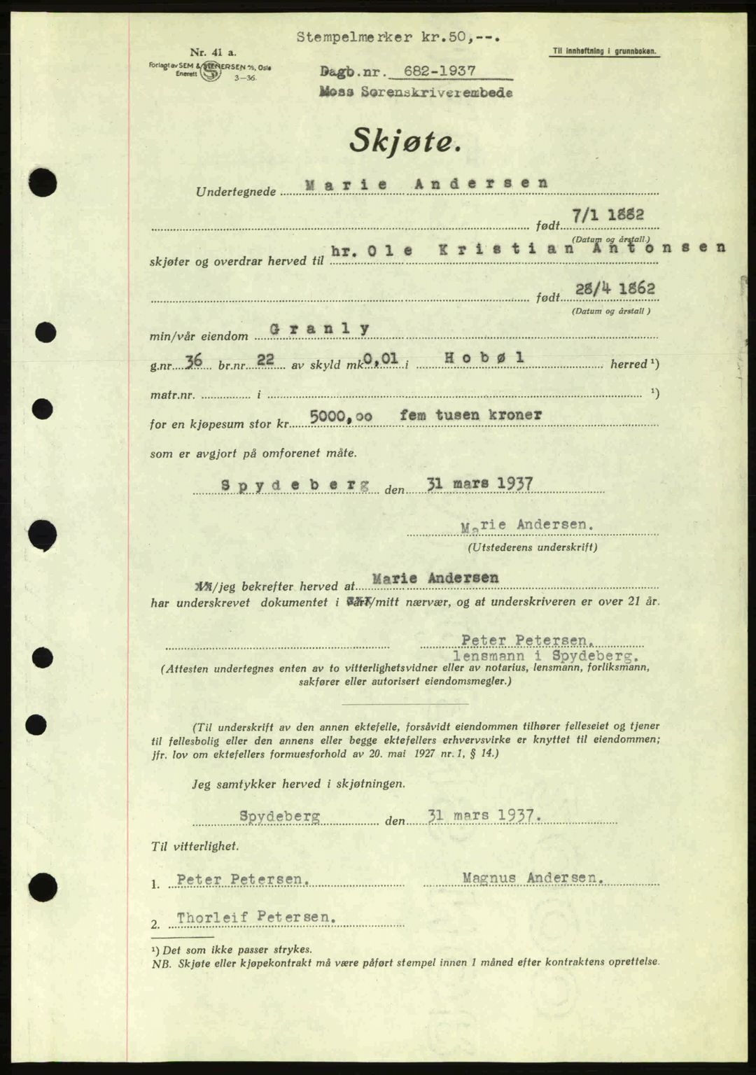 Moss sorenskriveri, SAO/A-10168: Pantebok nr. A2, 1936-1937, Dagboknr: 682/1937
