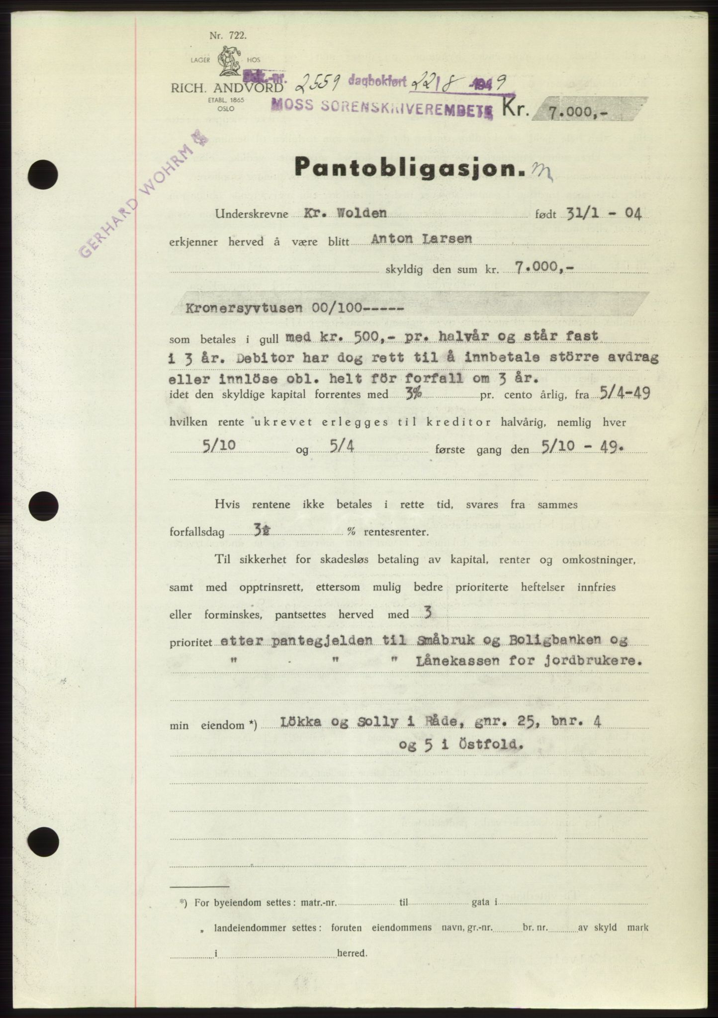 Moss sorenskriveri, SAO/A-10168: Pantebok nr. B22, 1949-1949, Dagboknr: 2559/1949