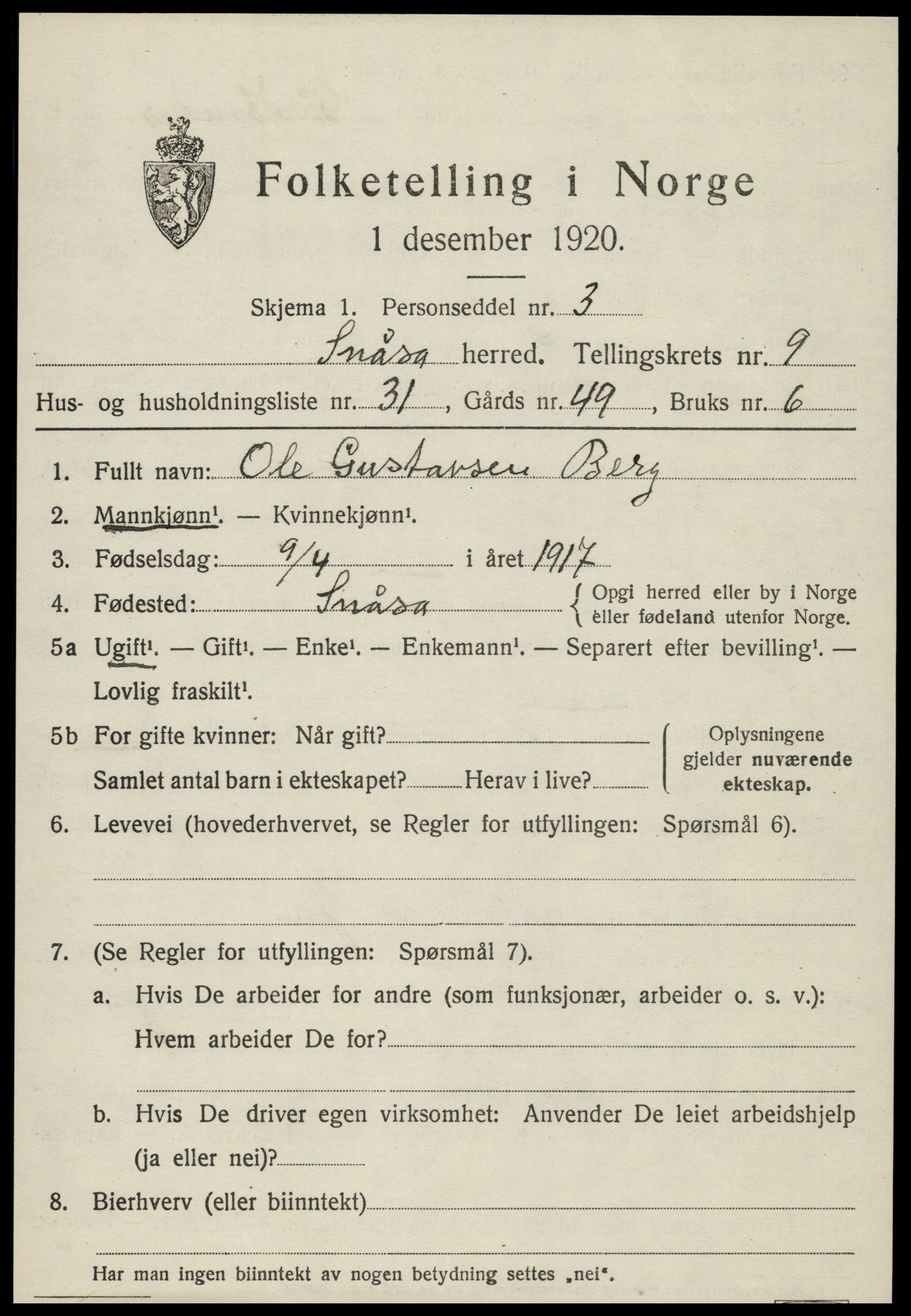 SAT, Folketelling 1920 for 1736 Snåsa herred, 1920, s. 4000