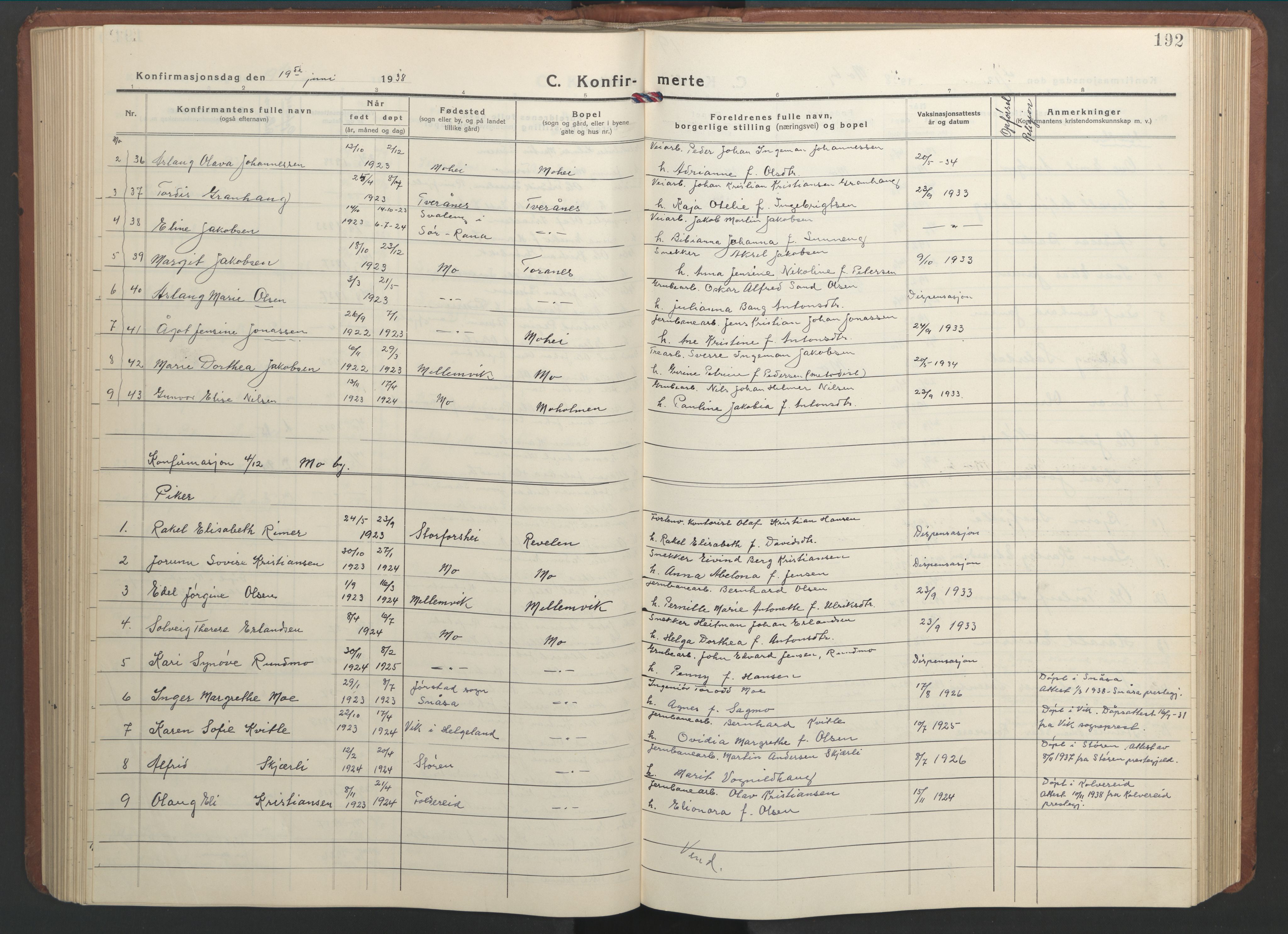 Ministerialprotokoller, klokkerbøker og fødselsregistre - Nordland, AV/SAT-A-1459/827/L0425: Klokkerbok nr. 827C14, 1931-1946, s. 192