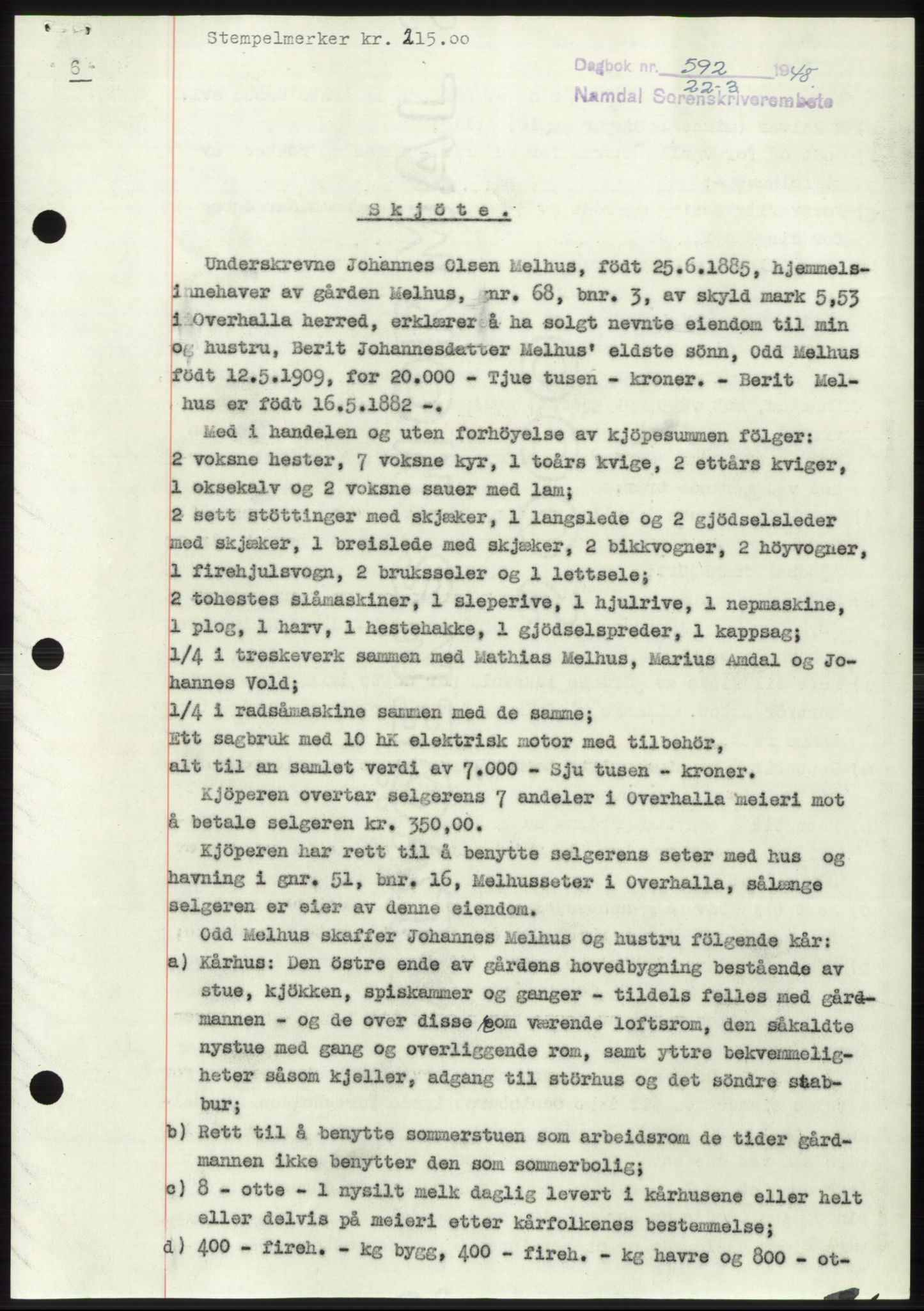 Namdal sorenskriveri, SAT/A-4133/1/2/2C: Pantebok nr. -, 1947-1948, Dagboknr: 592/1948