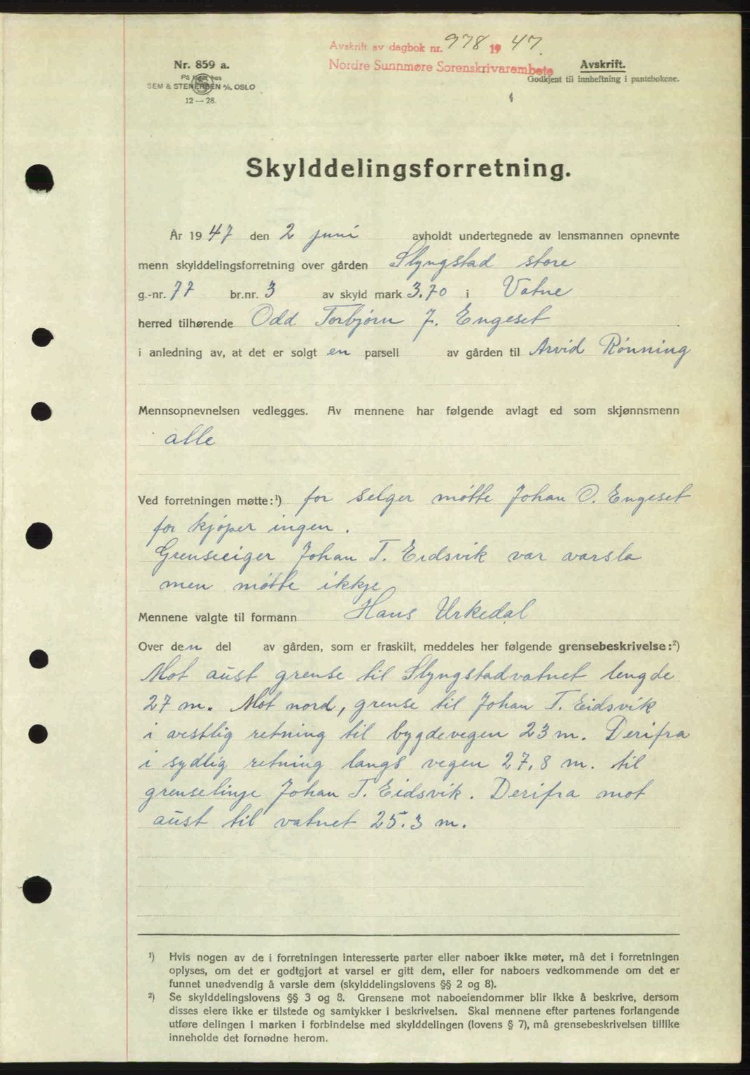 Nordre Sunnmøre sorenskriveri, SAT/A-0006/1/2/2C/2Ca: Pantebok nr. A24, 1947-1947, Dagboknr: 978/1947