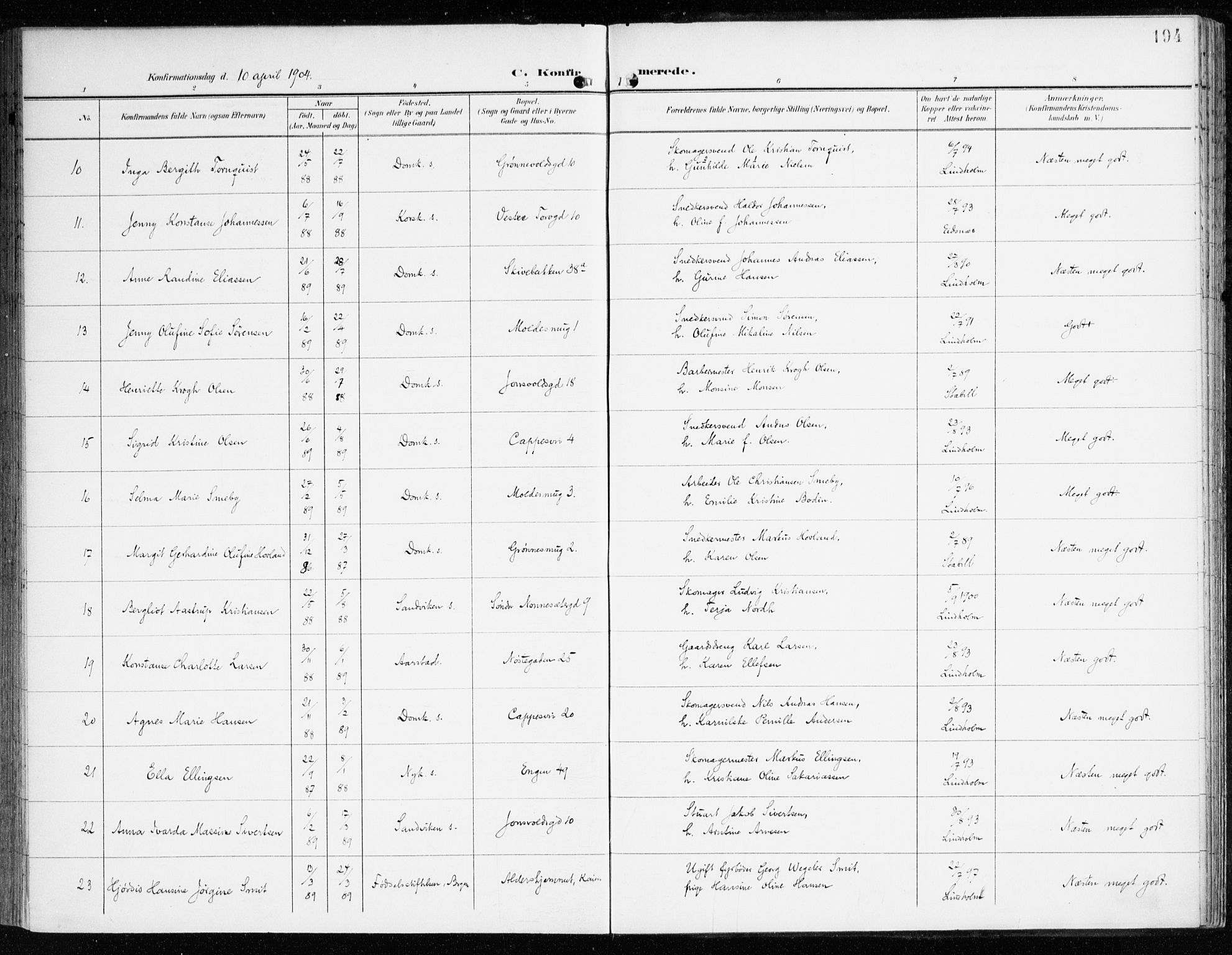 Domkirken sokneprestembete, AV/SAB-A-74801/H/Haa/L0031: Ministerialbok nr. C 6, 1898-1915, s. 194