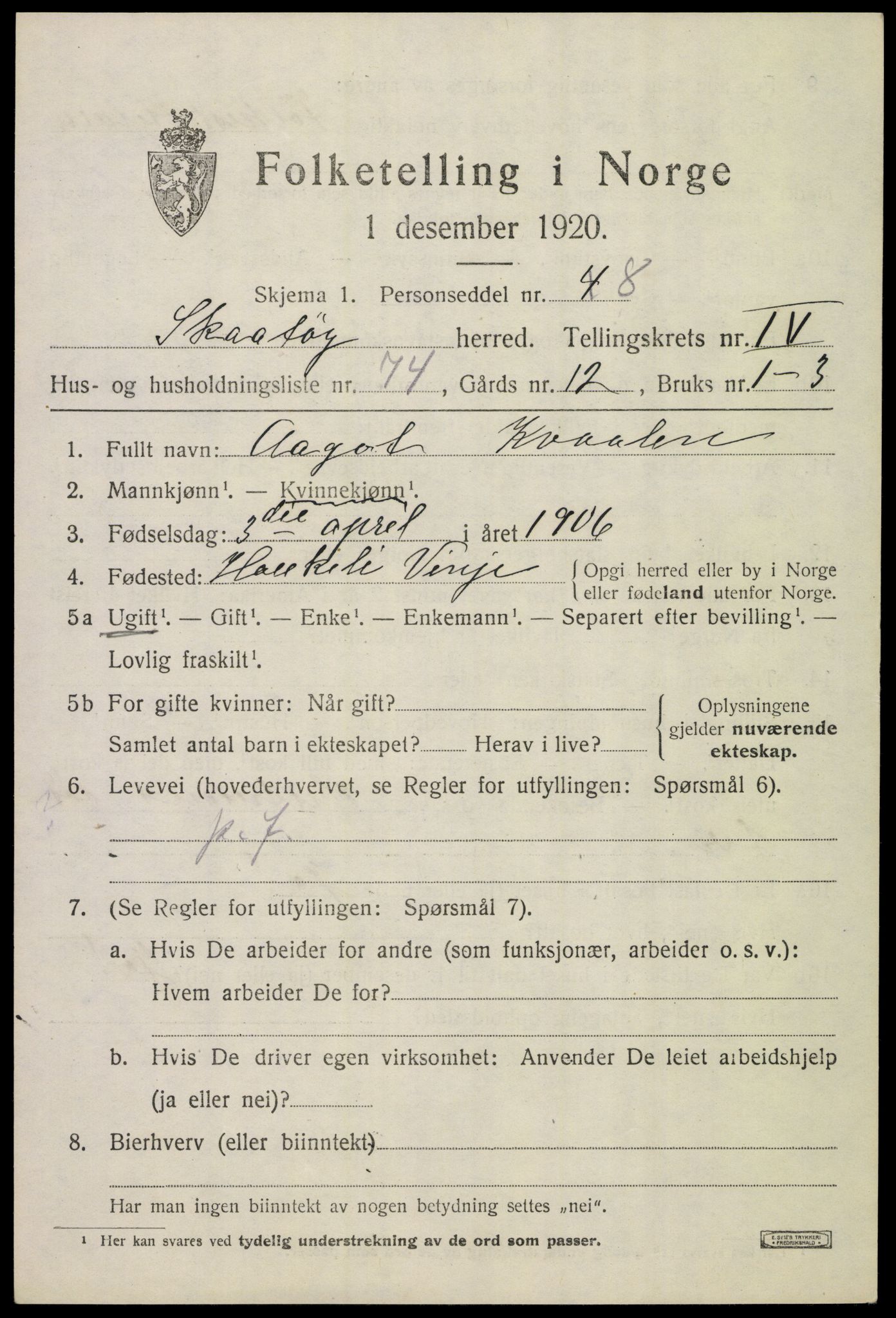SAKO, Folketelling 1920 for 0815 Skåtøy herred, 1920, s. 3940