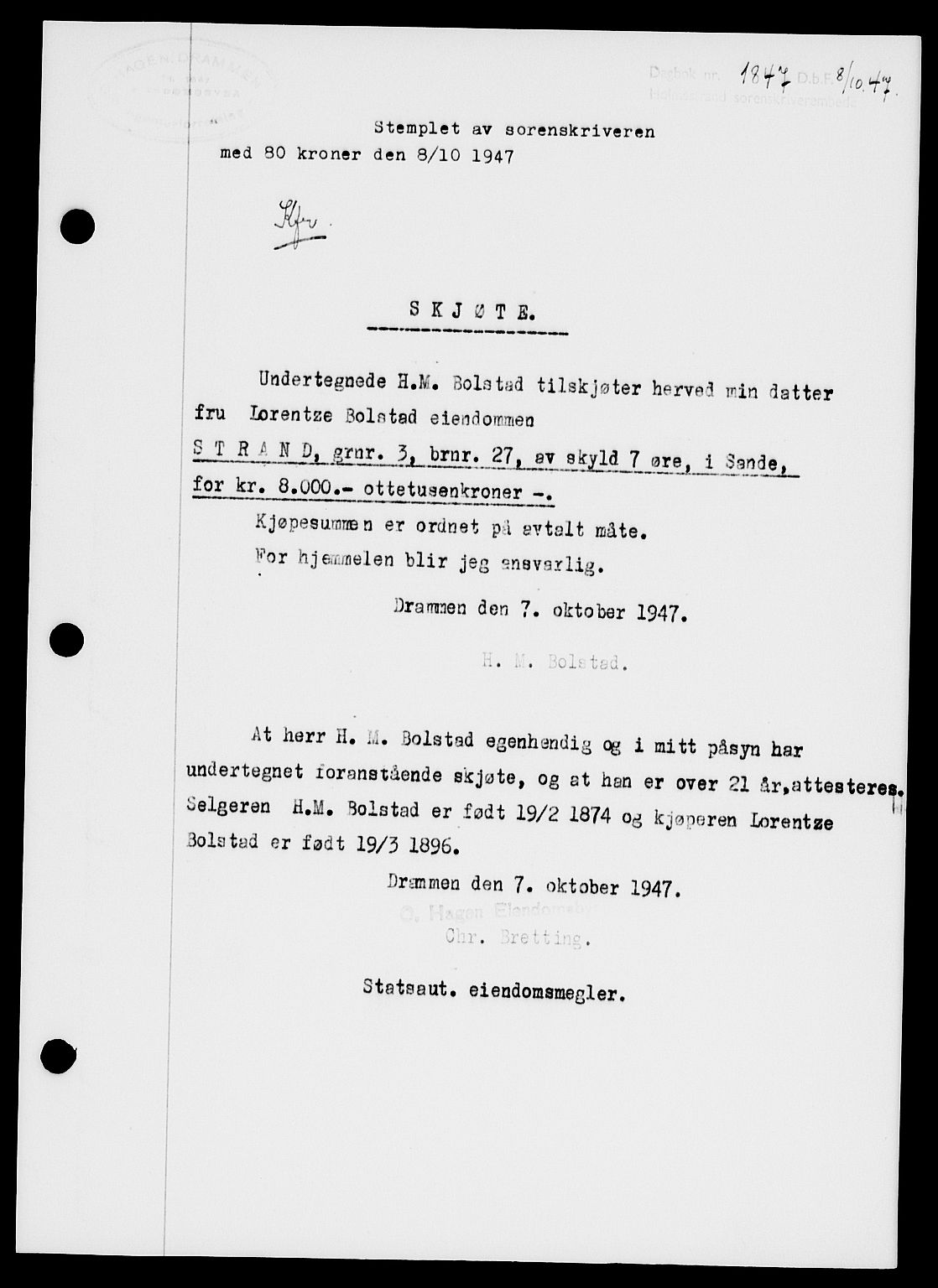 Holmestrand sorenskriveri, SAKO/A-67/G/Ga/Gaa/L0062: Pantebok nr. A-62, 1947-1947, Dagboknr: 1847/1947