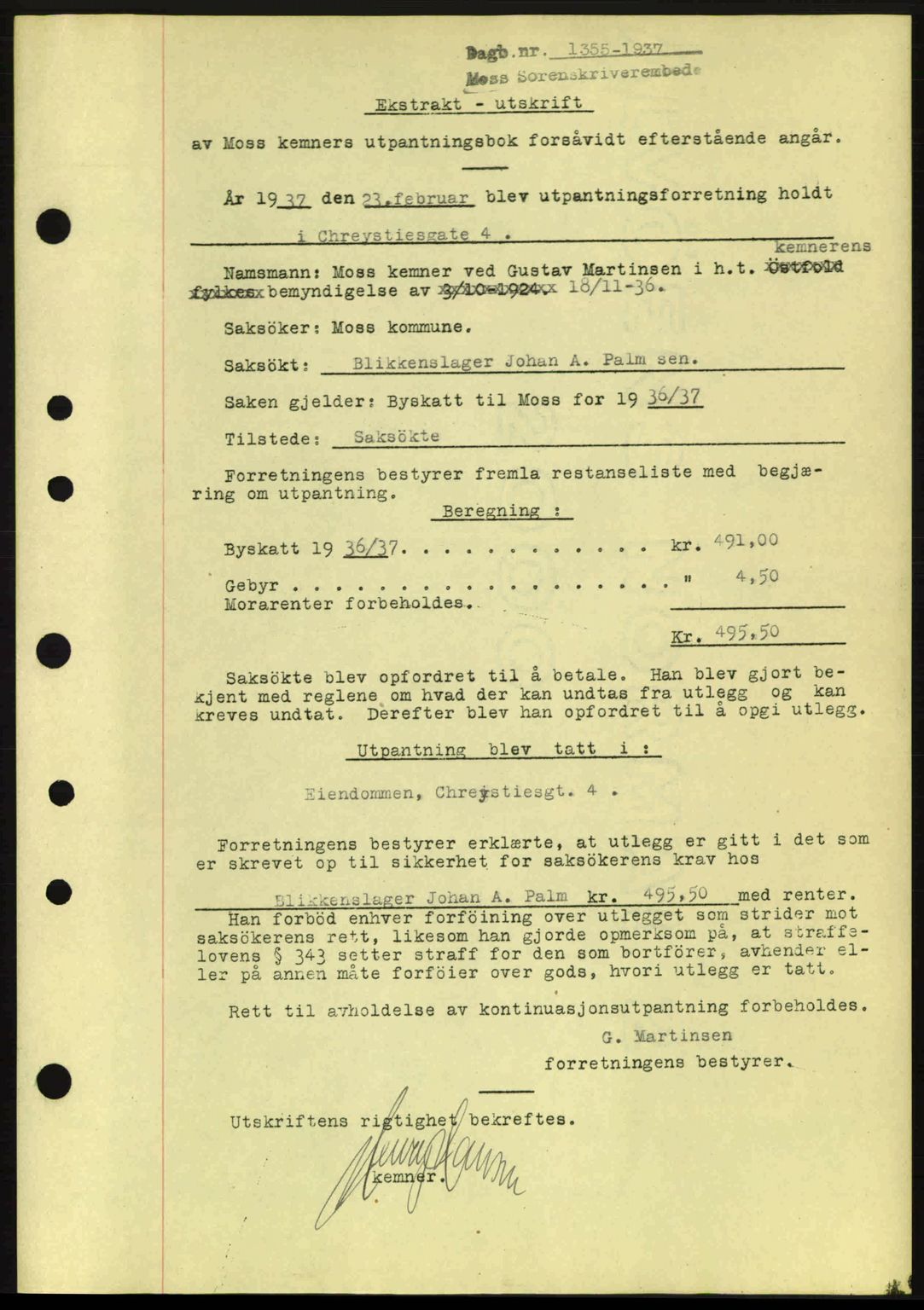 Moss sorenskriveri, SAO/A-10168: Pantebok nr. B3, 1937-1937, Dagboknr: 1355/1937
