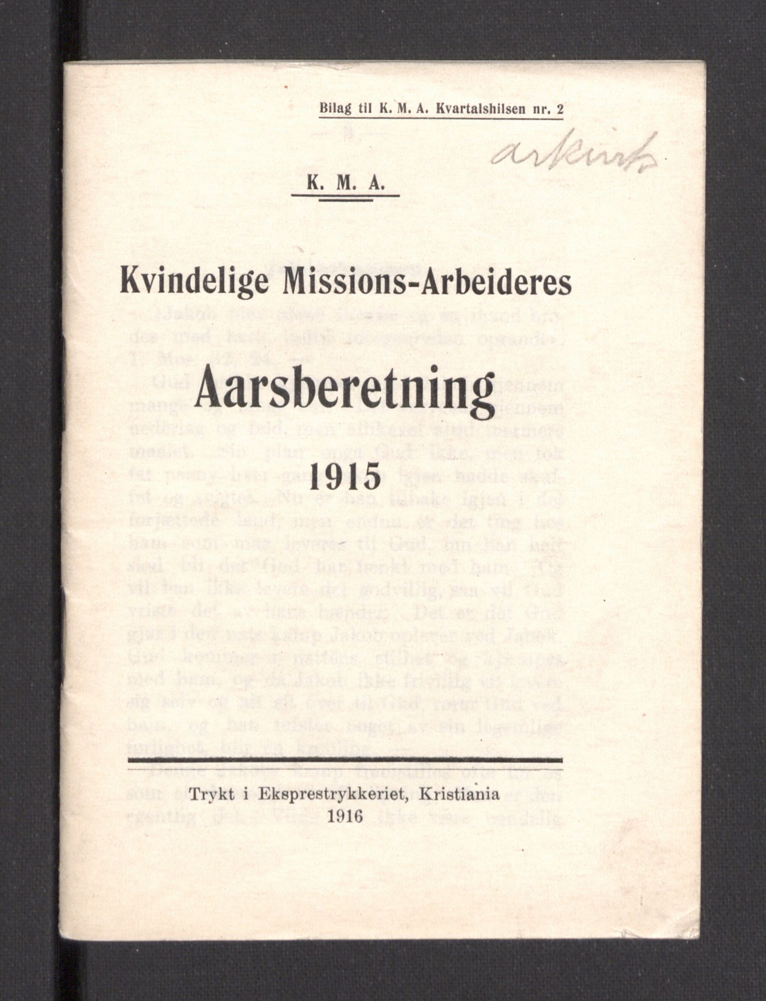 Kvinnelige Misjonsarbeidere, AV/RA-PA-0699/F/Fa/L0001/0007: -- / Årsmeldinger, trykte, 1906-1915