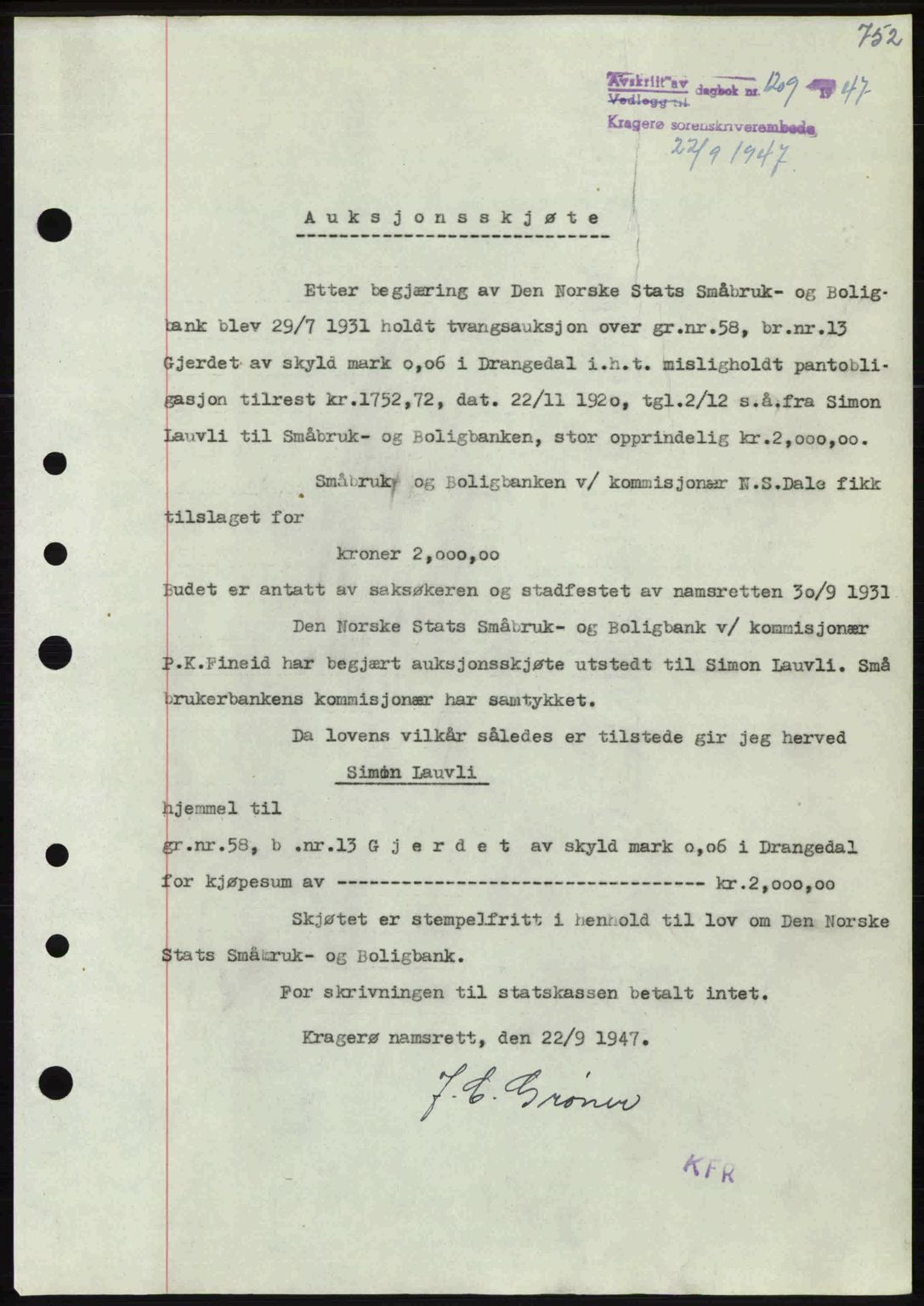 Kragerø sorenskriveri, SAKO/A-65/G/Ga/Gab/L0061: Pantebok nr. A-61, 1947-1947, Dagboknr: 1209/1947