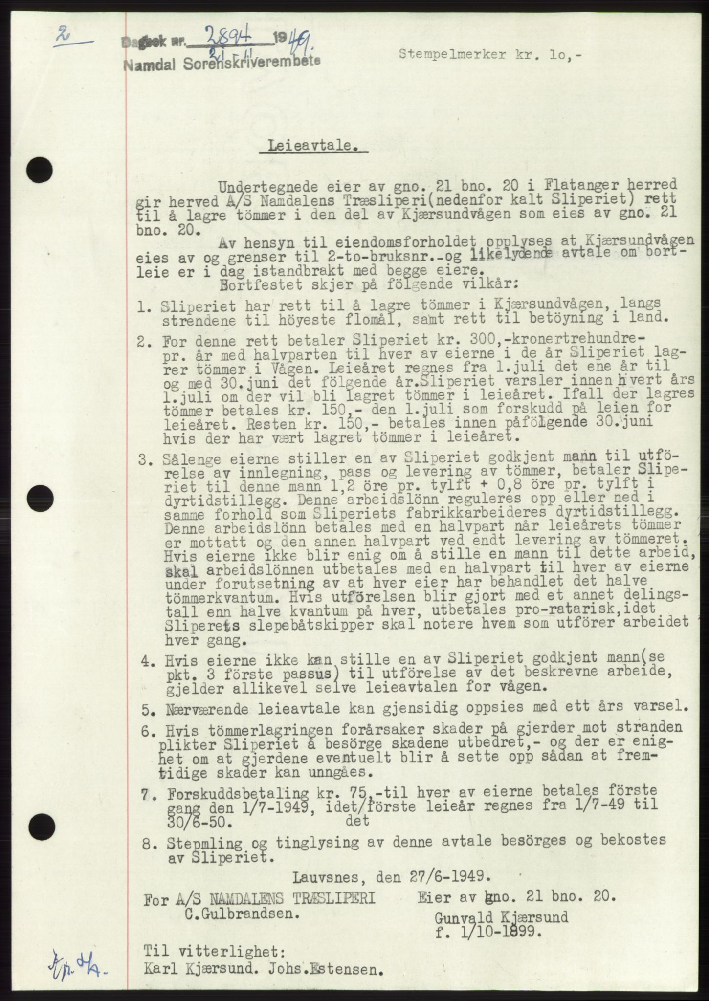 Namdal sorenskriveri, SAT/A-4133/1/2/2C: Pantebok nr. -, 1949-1949, Dagboknr: 2894/1949