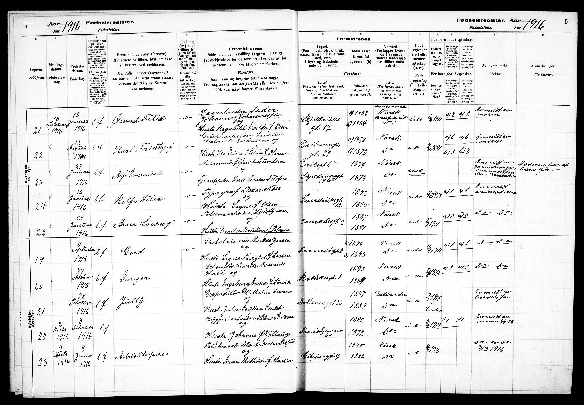 Petrus prestekontor Kirkebøker, AV/SAO-A-10872/J/Ja/L0001: Fødselsregister nr. 1, 1916-1922, s. 5