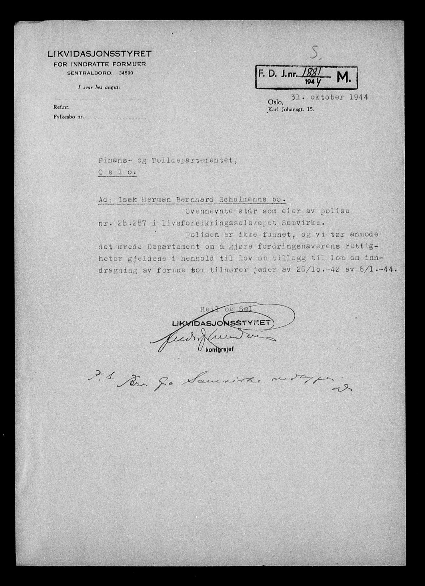 Justisdepartementet, Tilbakeføringskontoret for inndratte formuer, AV/RA-S-1564/H/Hc/Hcc/L0979: --, 1945-1947, s. 417