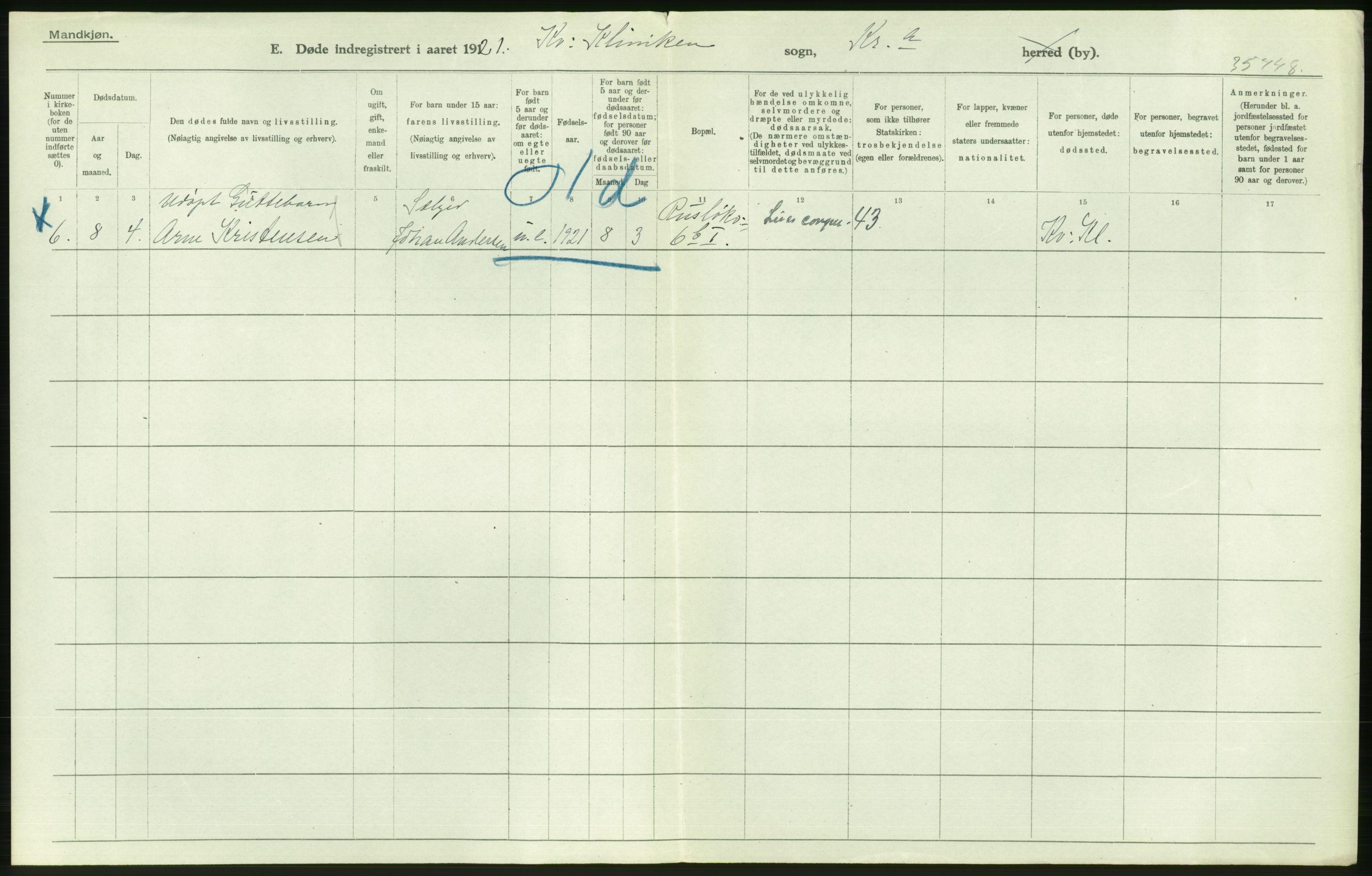 Statistisk sentralbyrå, Sosiodemografiske emner, Befolkning, AV/RA-S-2228/D/Df/Dfc/Dfca/L0013: Kristiania: Døde, dødfødte, 1921, s. 232