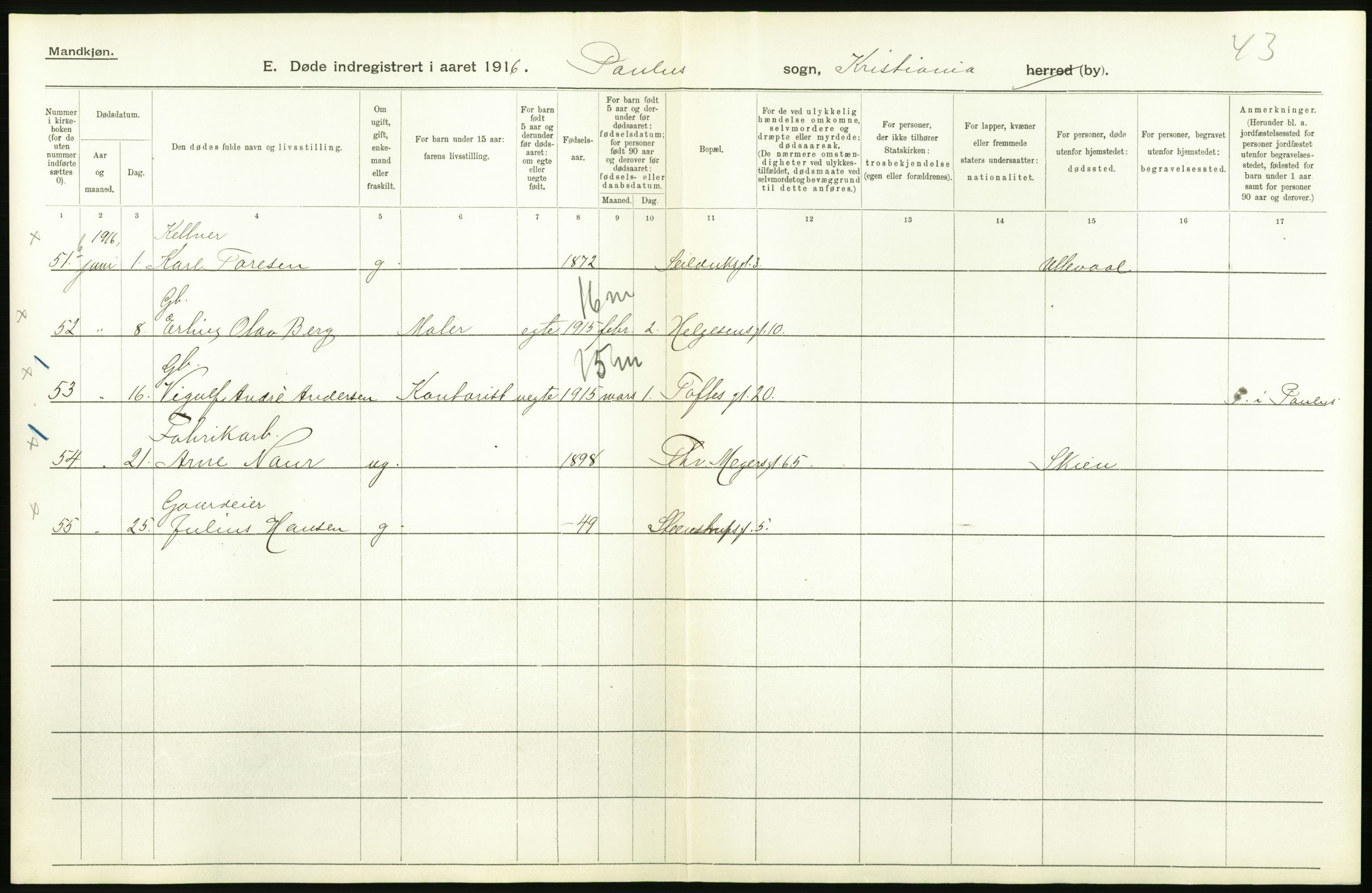 Statistisk sentralbyrå, Sosiodemografiske emner, Befolkning, AV/RA-S-2228/D/Df/Dfb/Dfbf/L0009: Kristiania: Døde., 1916, s. 58