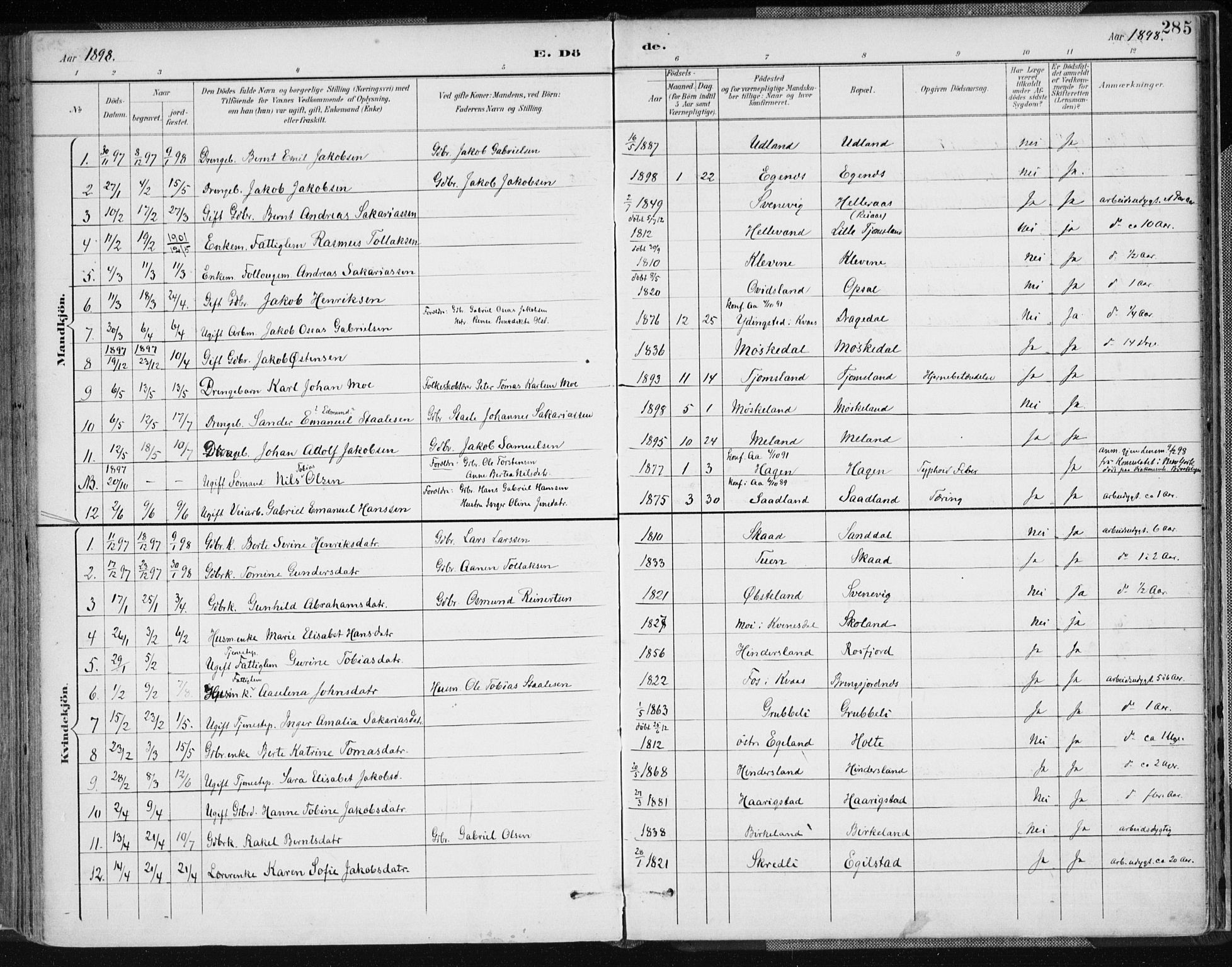 Lyngdal sokneprestkontor, SAK/1111-0029/F/Fa/Fac/L0012: Ministerialbok nr. A 12, 1894-1918, s. 285