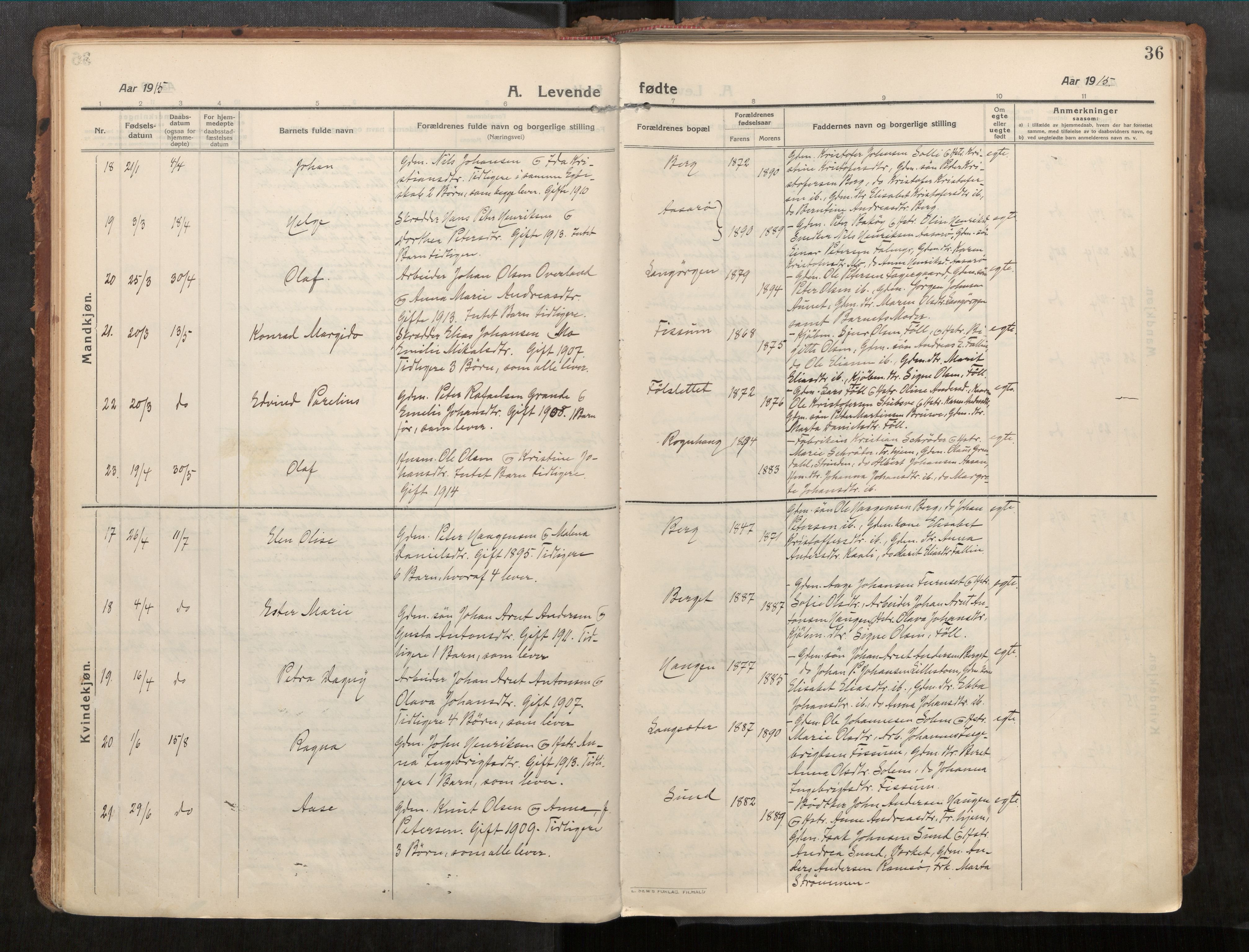 Stadsbygd sokneprestkontor, AV/SAT-A-1117/1/I/I1/I1a/L0001: Ministerialbok nr. 1, 1911-1929, s. 36