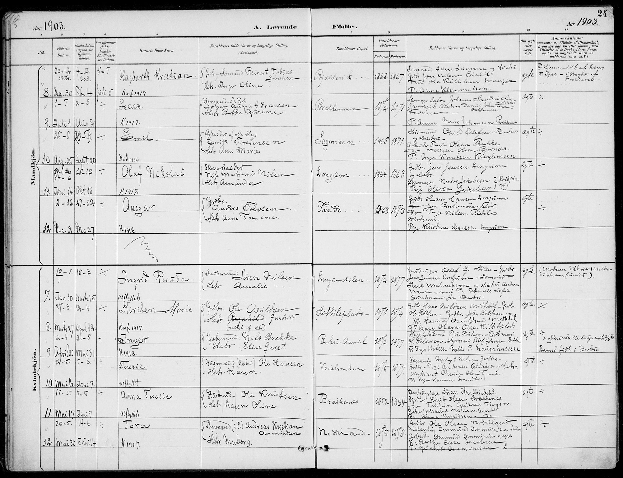 Austre Moland sokneprestkontor, AV/SAK-1111-0001/F/Fa/Faa/L0011: Ministerialbok nr. A 11, 1894-1915, s. 24