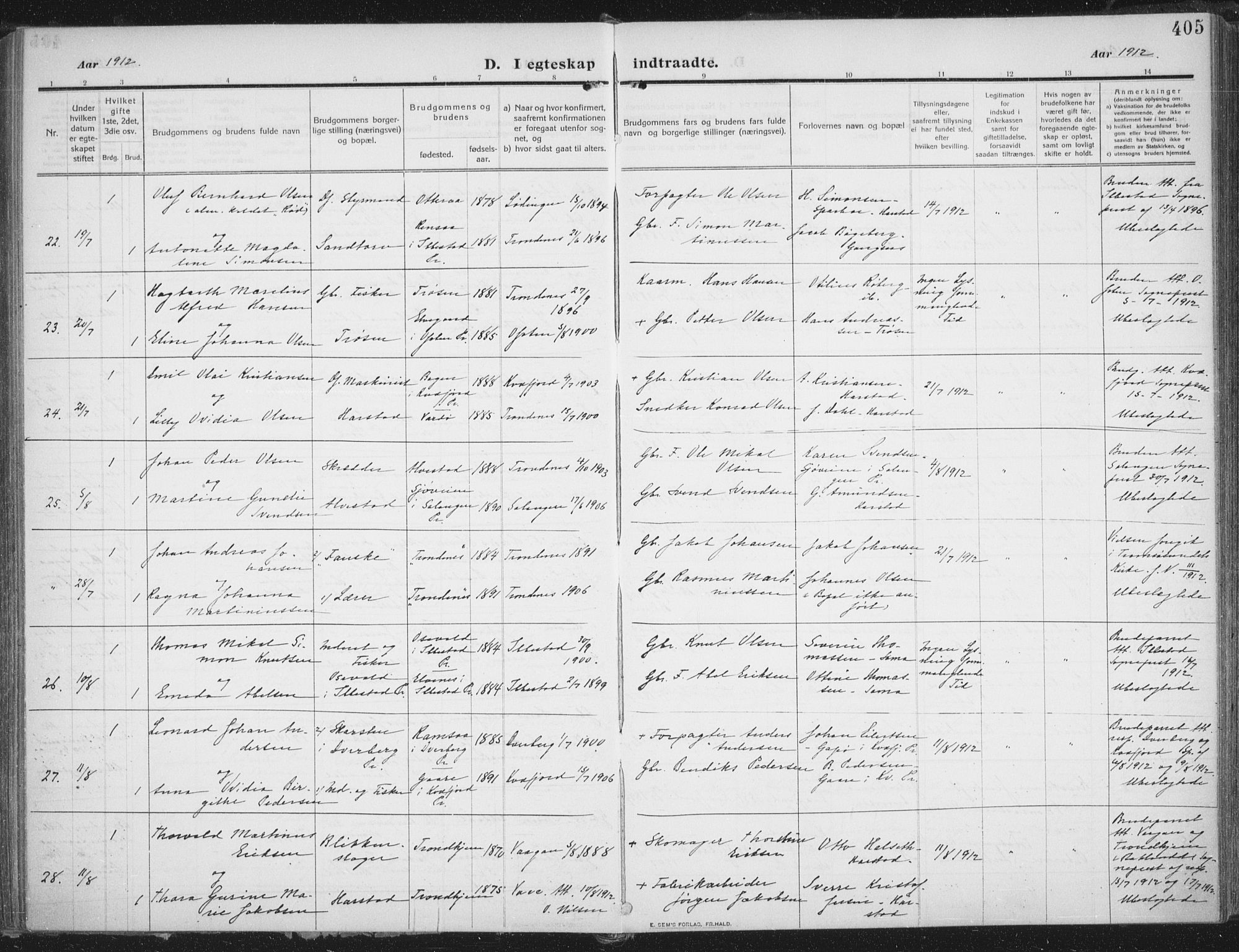 Trondenes sokneprestkontor, AV/SATØ-S-1319/H/Ha/L0018kirke: Ministerialbok nr. 18, 1909-1918, s. 405