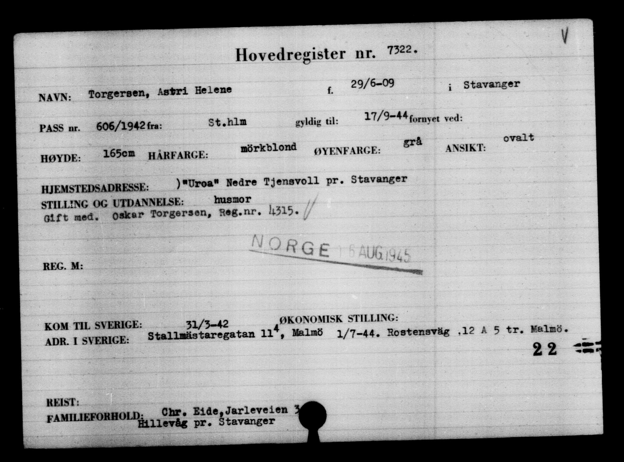 Utenriksstasjonene, Legasjonen i Stockholm, Flyktningkontoret, AV/RA-S-6753/V/Va/L0005: Kjesäterkartoteket, flyktninger med registreringsnr. 6600-9417, 1940-1945, s. 854