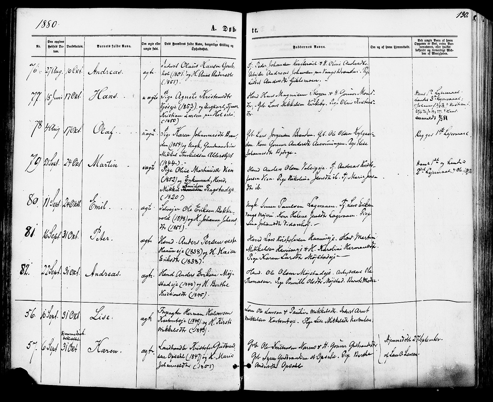 Vang prestekontor, Hedmark, AV/SAH-PREST-008/H/Ha/Haa/L0015: Ministerialbok nr. 15, 1871-1885, s. 130