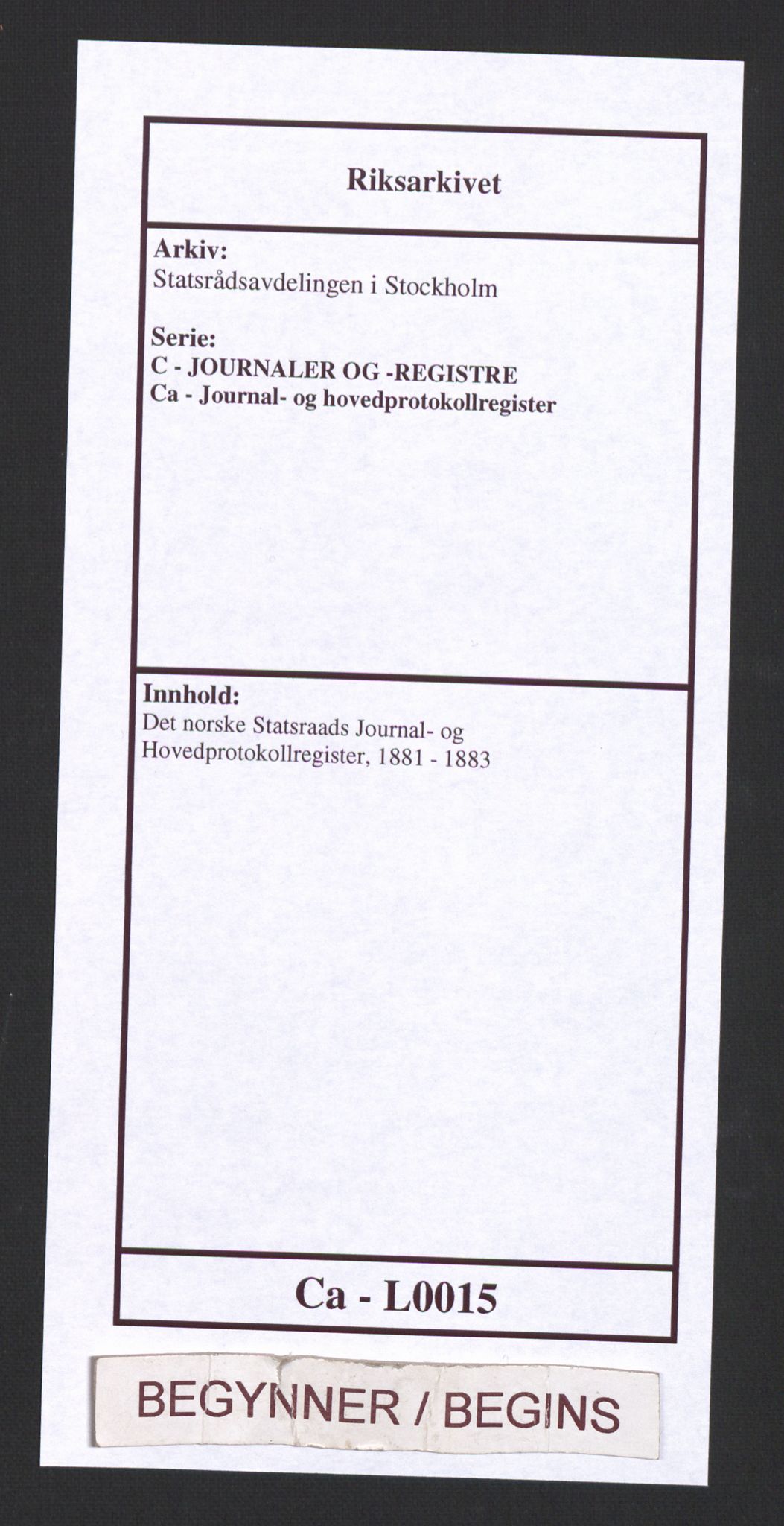 Statsrådsavdelingen i Stockholm, RA/S-1003/C/Ca/L0015: Det norske Statsraads Journal- og Hovedprotokollregister, 1881-1883