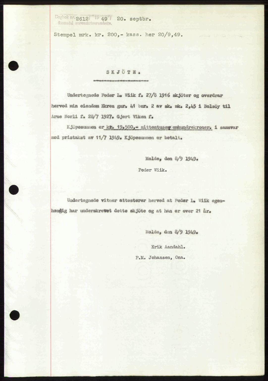 Romsdal sorenskriveri, SAT/A-4149/1/2/2C: Pantebok nr. A31, 1949-1949, Dagboknr: 2612/1949