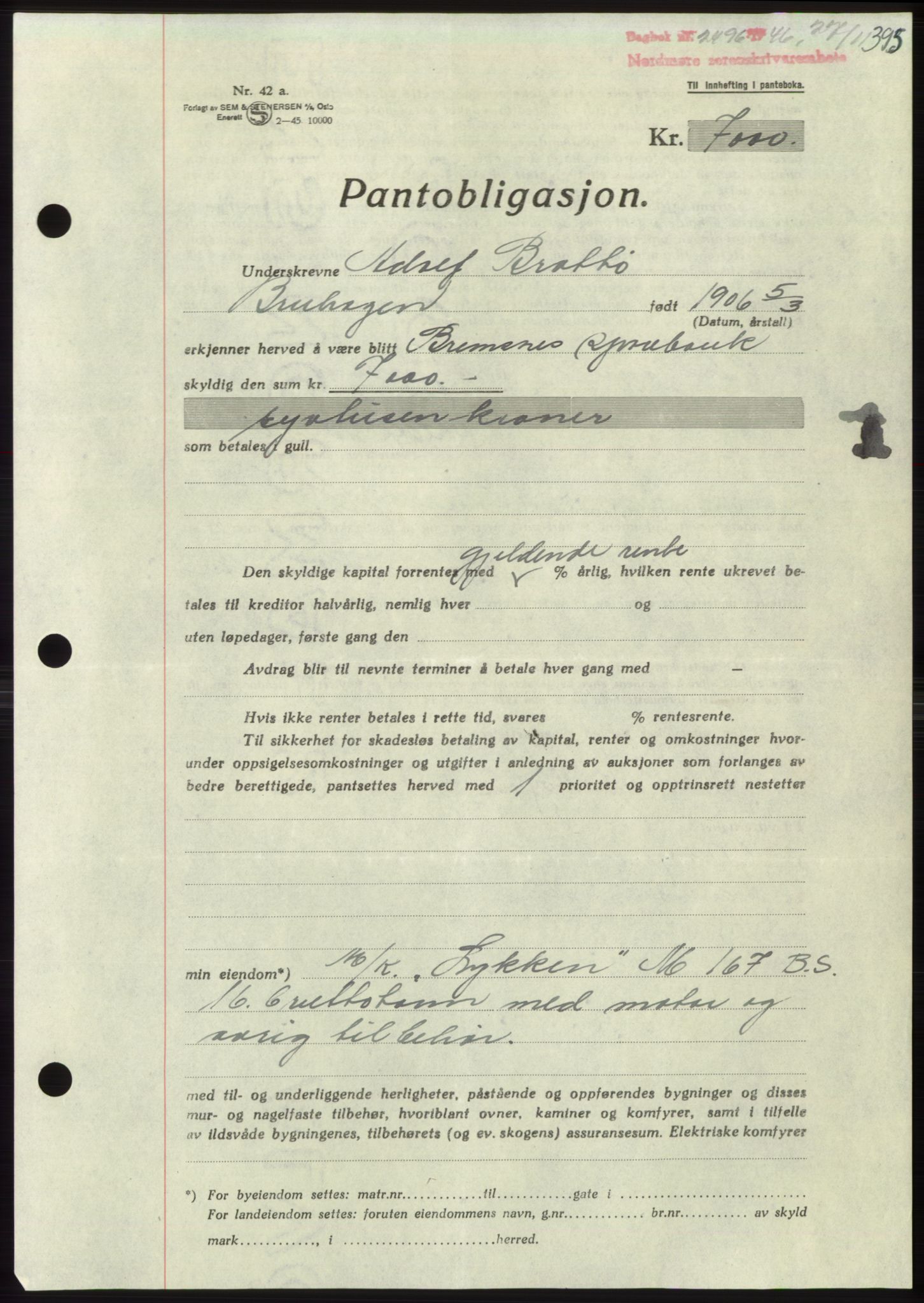 Nordmøre sorenskriveri, SAT/A-4132/1/2/2Ca: Pantebok nr. B95, 1946-1947, Dagboknr: 2496/1946