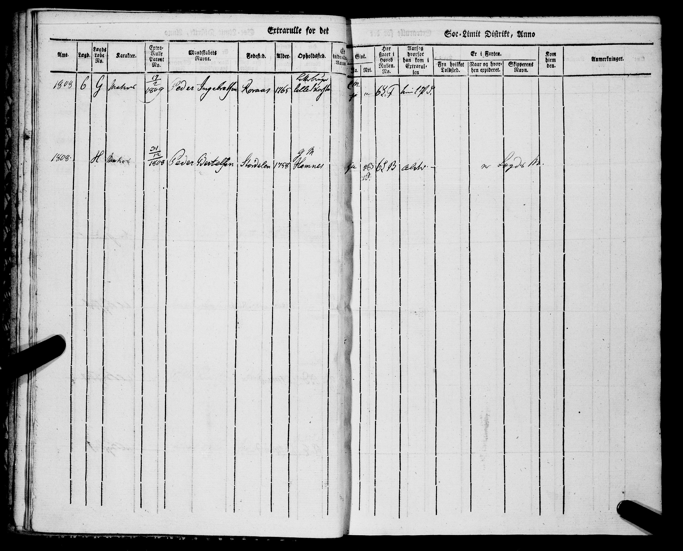 Sjøinnrulleringen - Trondhjemske distrikt, AV/SAT-A-5121/01/L0318/0001: -- / Ekstrarulle for Nordre Trondhjems amt, Namdalens fogderi, 1805