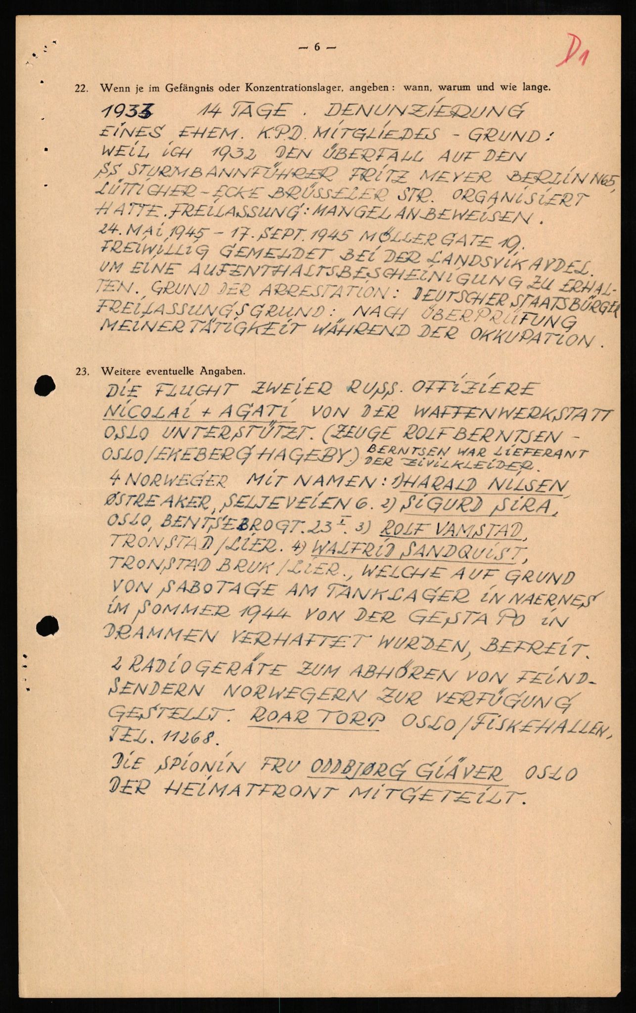 Forsvaret, Forsvarets overkommando II, AV/RA-RAFA-3915/D/Db/L0006: CI Questionaires. Tyske okkupasjonsstyrker i Norge. Tyskere., 1945-1946, s. 321