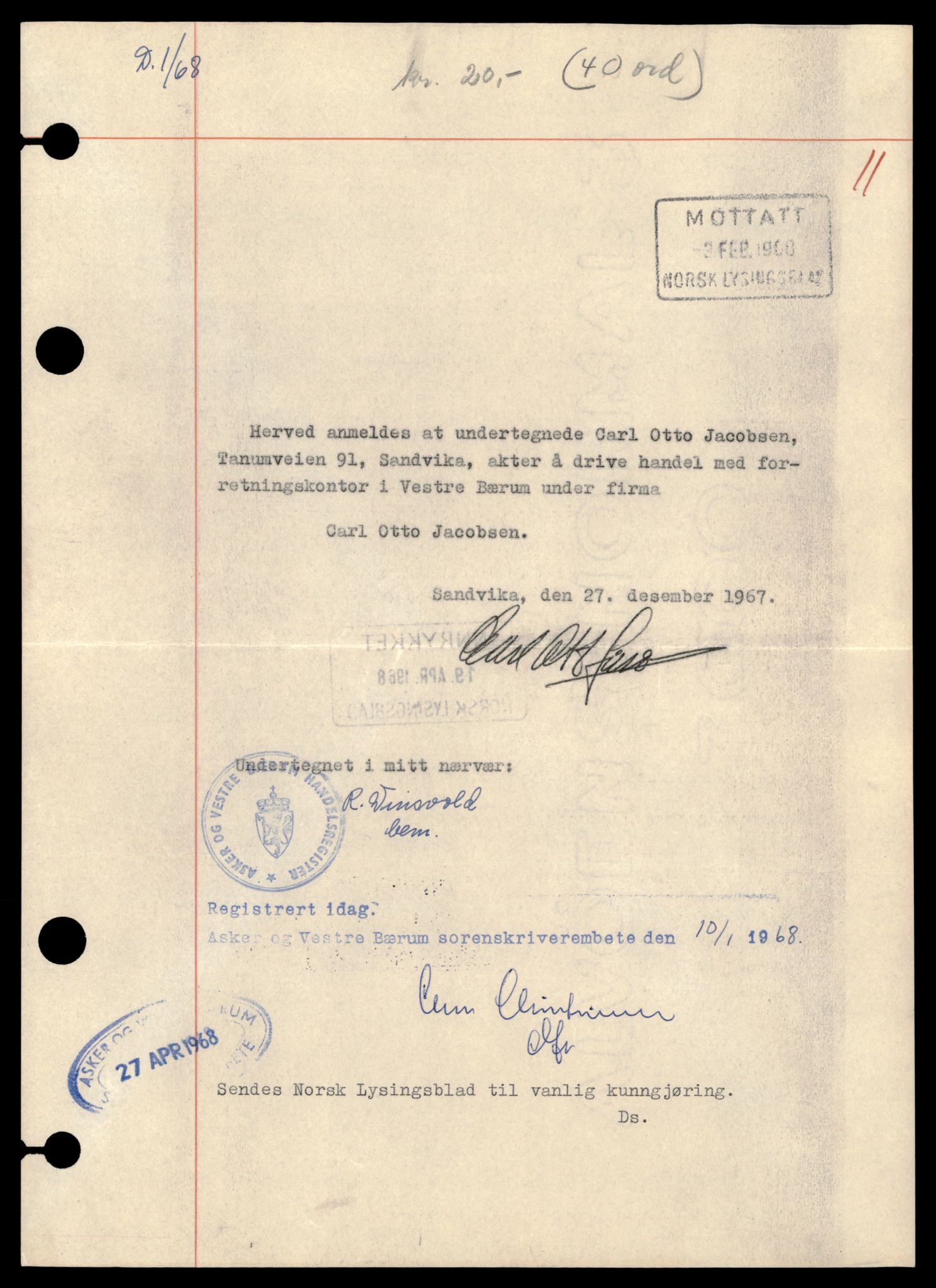 Asker og Bærum tingrett, AV/SAT-A-10379/K/Kb/Kba/L0094: Enkeltmannsforetak, aksjeselskap og andelslag i Asker og Vestre Bærum 1/1968 - 173/1969, 1968-1969, s. 3